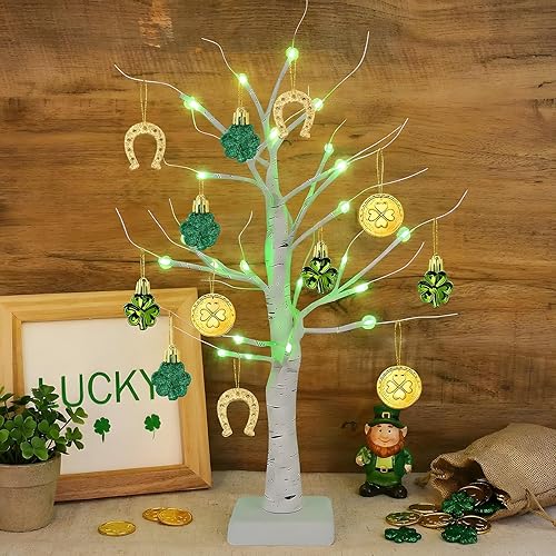 YQUQWN Decoraciones del día de San Patricio, árbol de abedul iluminado con adornos de trébol, monedas de oro, 24 LED para el hogar, mesa, tienda,