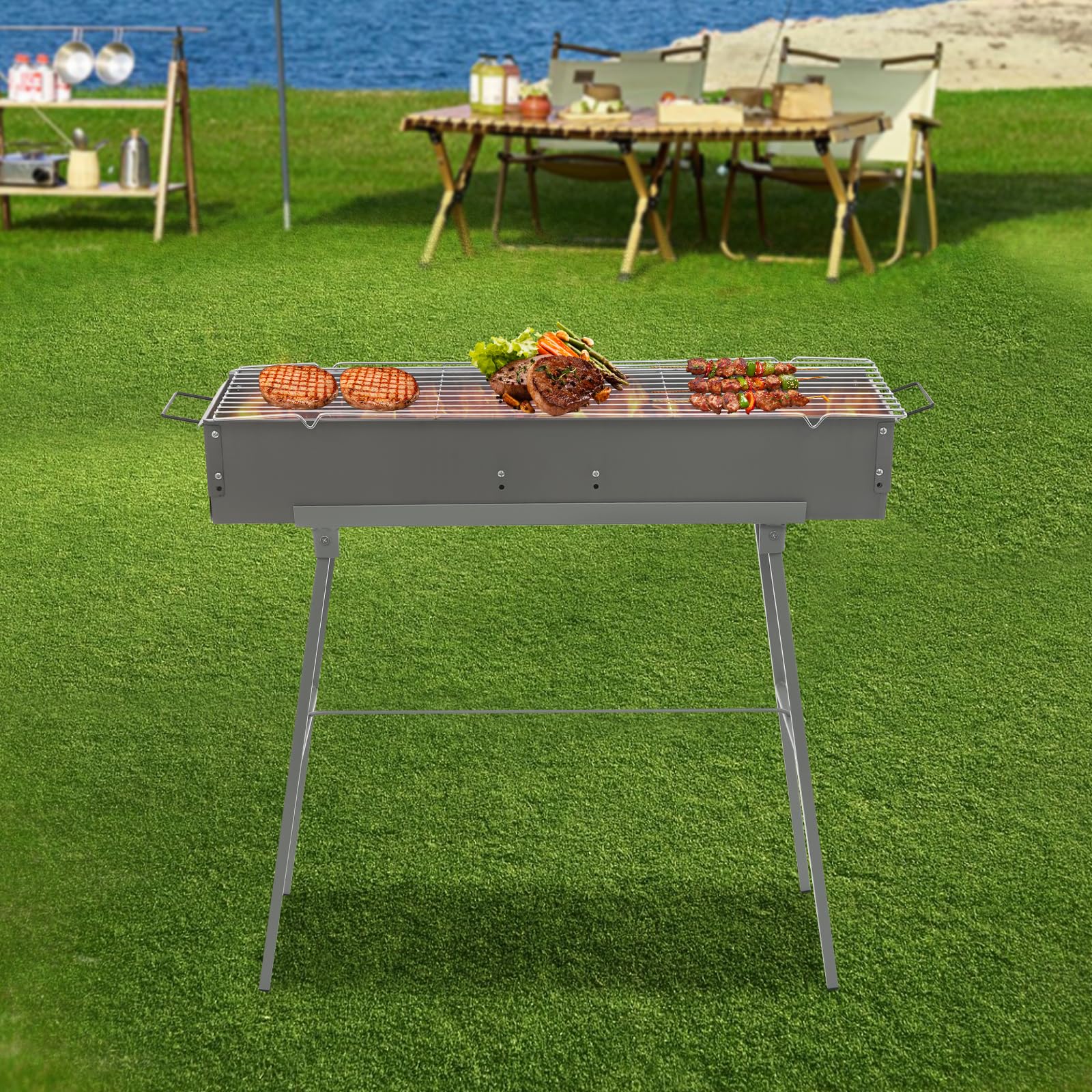 Składany grill kempingowy, grill z kratką i drążkiem podporowym, 80 x 18 x 13 cm, mobilny składany grill ogrodowy