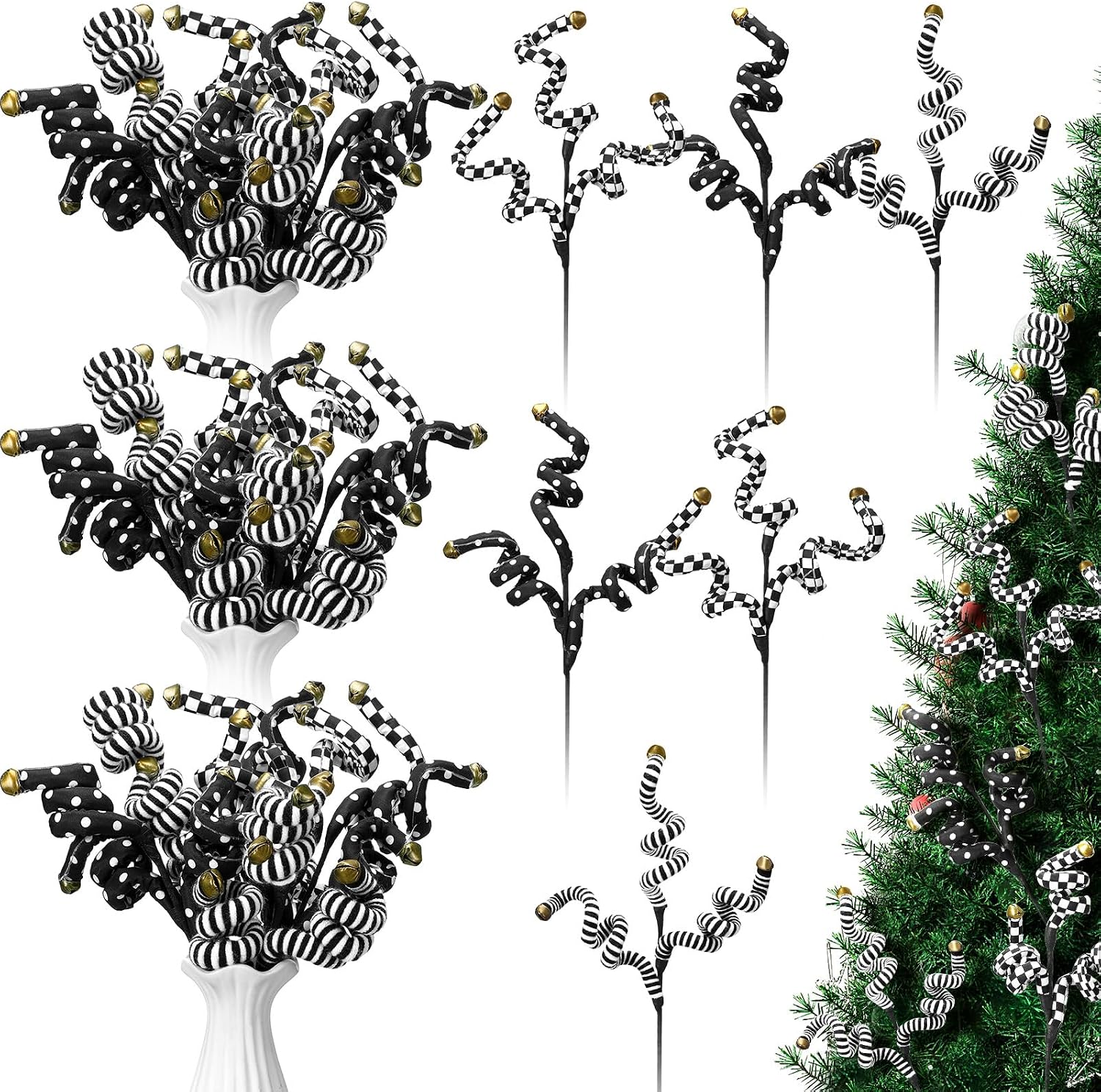 Thiccywoov 6 Pcs Christmas Tree Picks Black and White Christmas Ornaments Woolen Bells Curly Picks Xmas Branches Xmas Halloween Decoration Home Office Party Ornaments