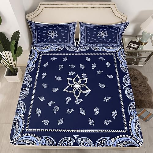 Juego de ropa de cama con estampado de cachemira, diseño floral bohemio occidental, sábana bajera ajustable vintage exótica para niños y niñas,