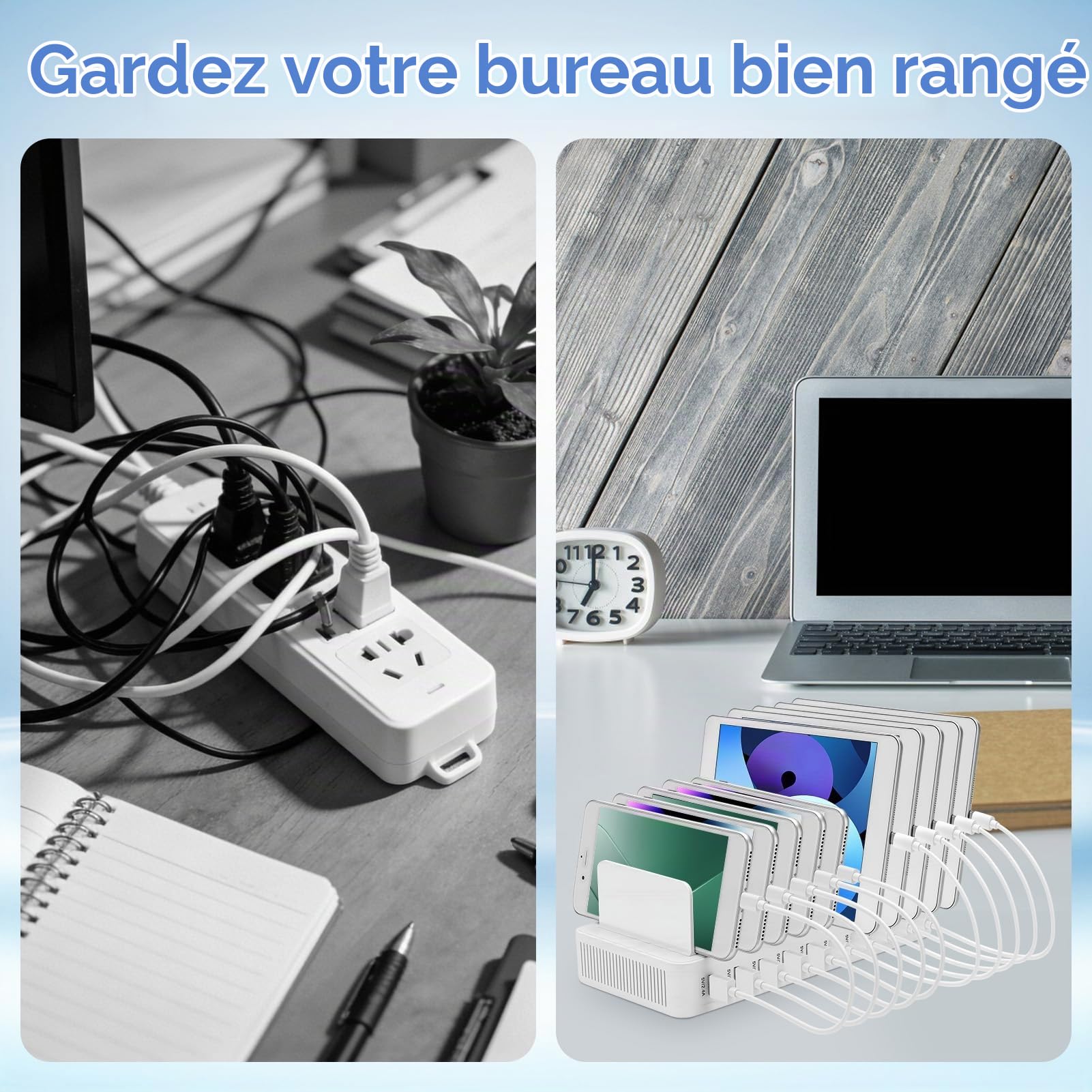 Station de Chargement USB, Station de Recharge 10 Ports 15W avec 10 Câbles, Support Chargeur Telephone,Station de Charge Telephone Portable (Blanc)