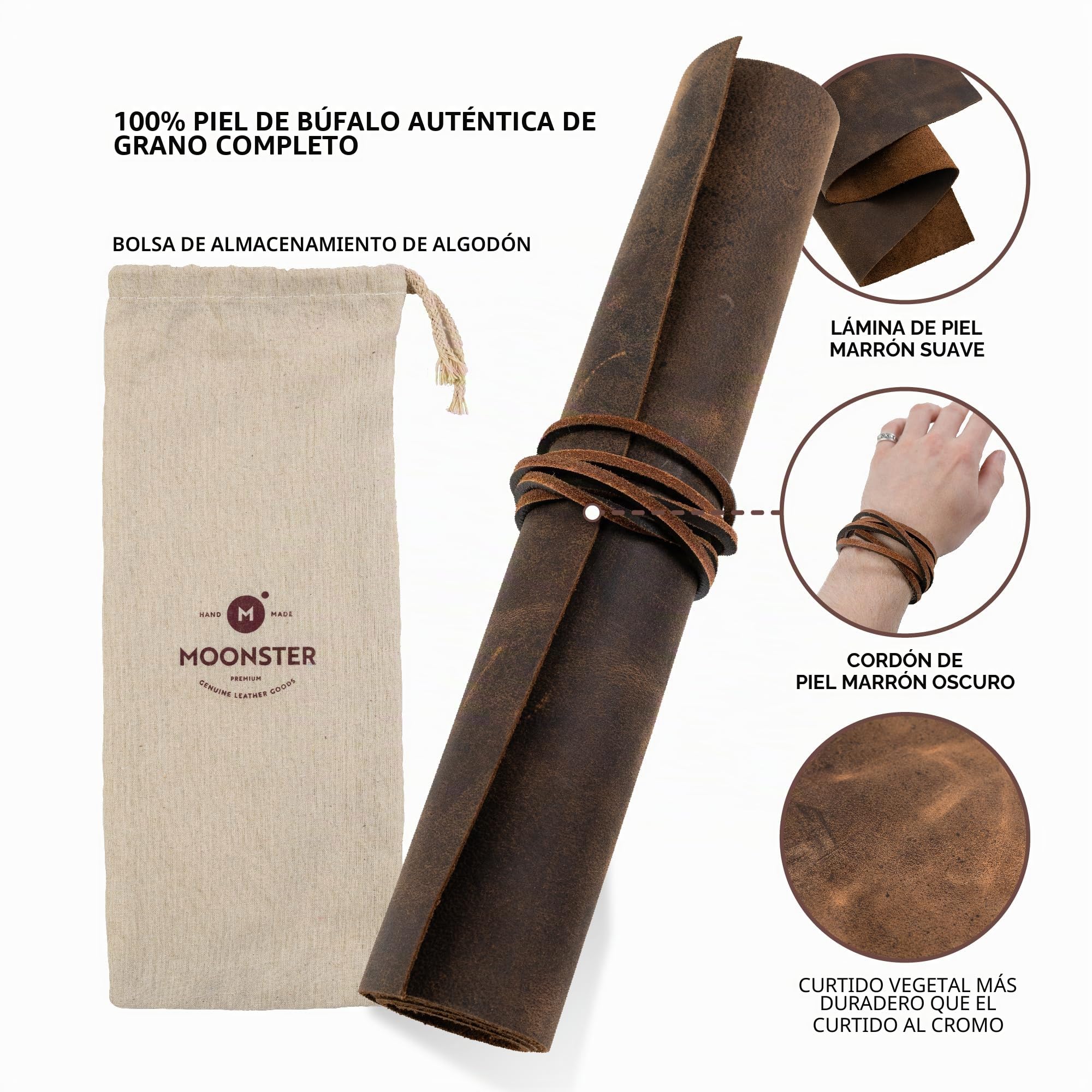 Moonster 1 Pieza de Cuero Genuino para Manualidades, Pendientes, Carteras – Piel de Búfalo Plena Flor Auténtico – Marrón Oscuro y Rojizo + Cuerda para Pulsera