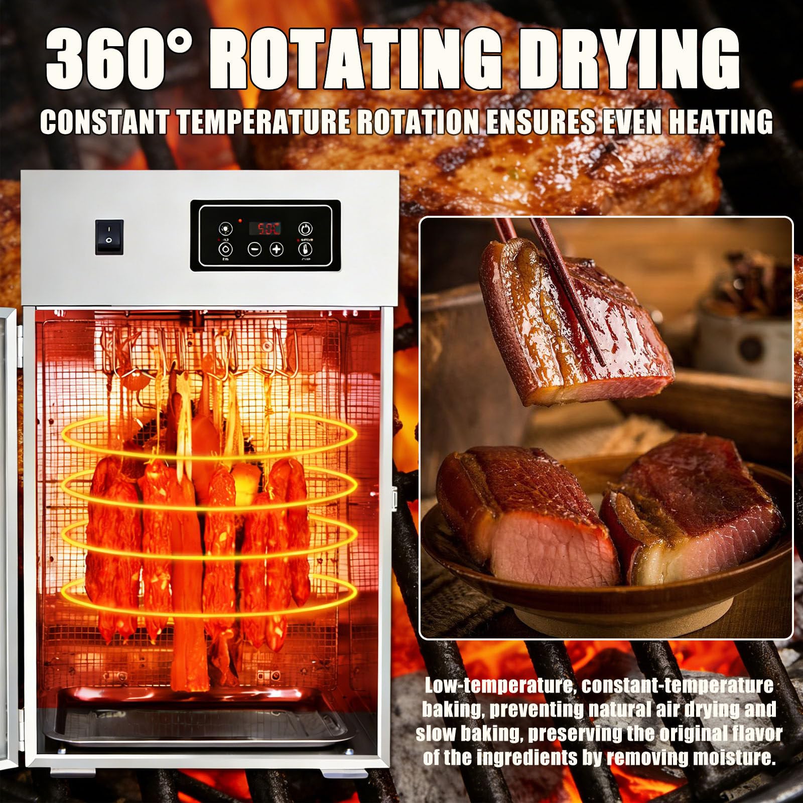 360° Drehbarer Fleischtrockner, Reifeschrank Für Fleisch, Mit 14 Haken, Temperaturregelung Von 30-90℃ / 24-Stunden-Timer, Edelstahl, Für Trockenfleisch, Speck, Würstchen