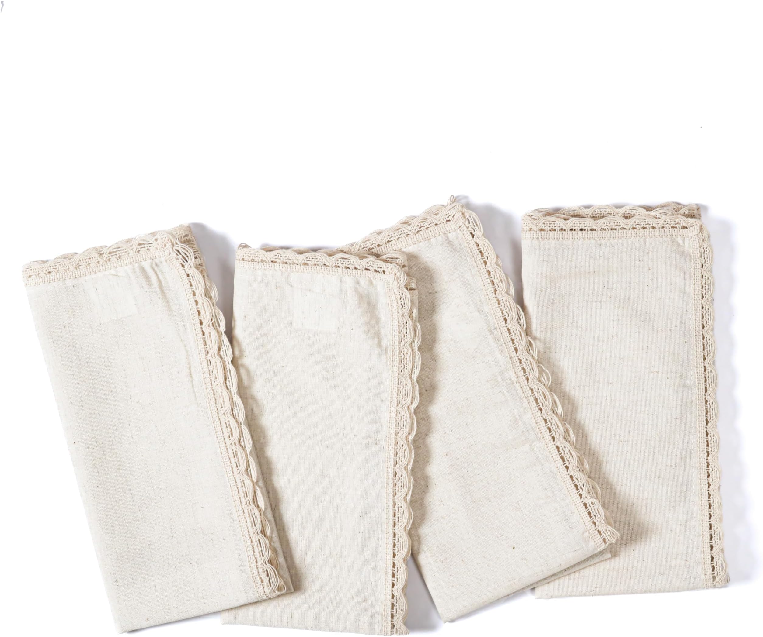 Cloth Dinner Napkins in Cotton Flax Fabric with Lace & Tailored Mitered Corners - 20x20 Inches (Set of 4, Natural)