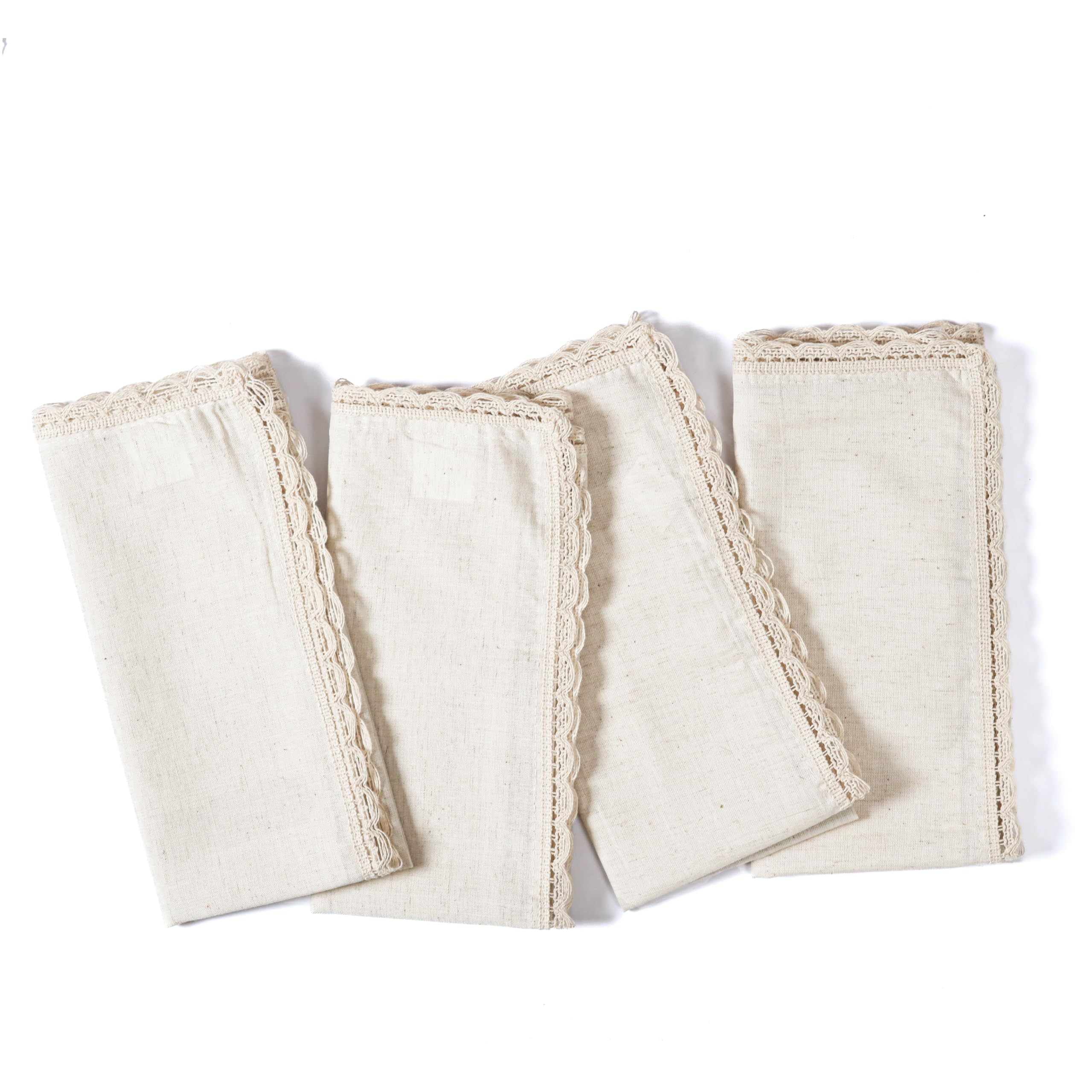 Ramanta Home Cloth Dinner Napkins in Cotton Flax Fabric with Lace & Tailored Mitered Corners - 20x20 Inches (Set of 4, Natural)