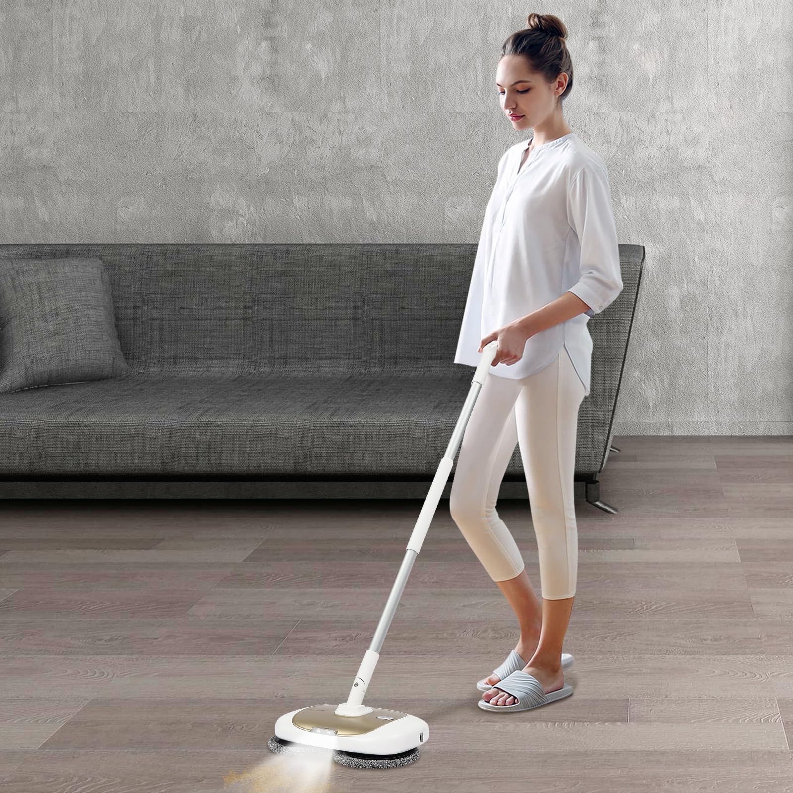 Lavapavimenti elettrico senza fili, pulitore per pavimenti Spin Mop, serbatoio dell'acqua da 400 ml, illuminazione a LED con funzione spray, per pulire e lucidare (oro)