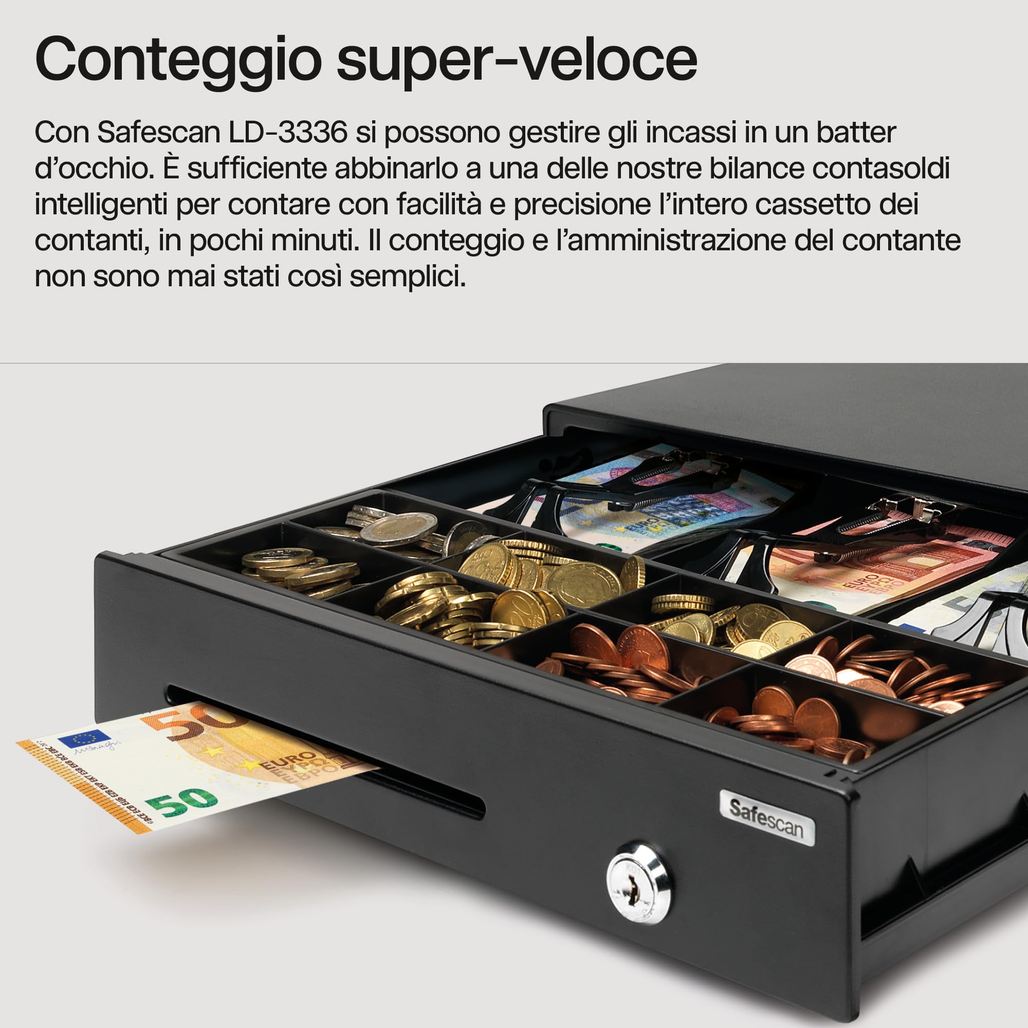 Safescan LD-4141 cassetto per soldi conserva i contanti - Cassa cassetto con 4 scomparti per banconote e 8 per monete - Connessione RJ-12 - Cassetto registratore di cassa 41 x 41,5 x 11,5 cm