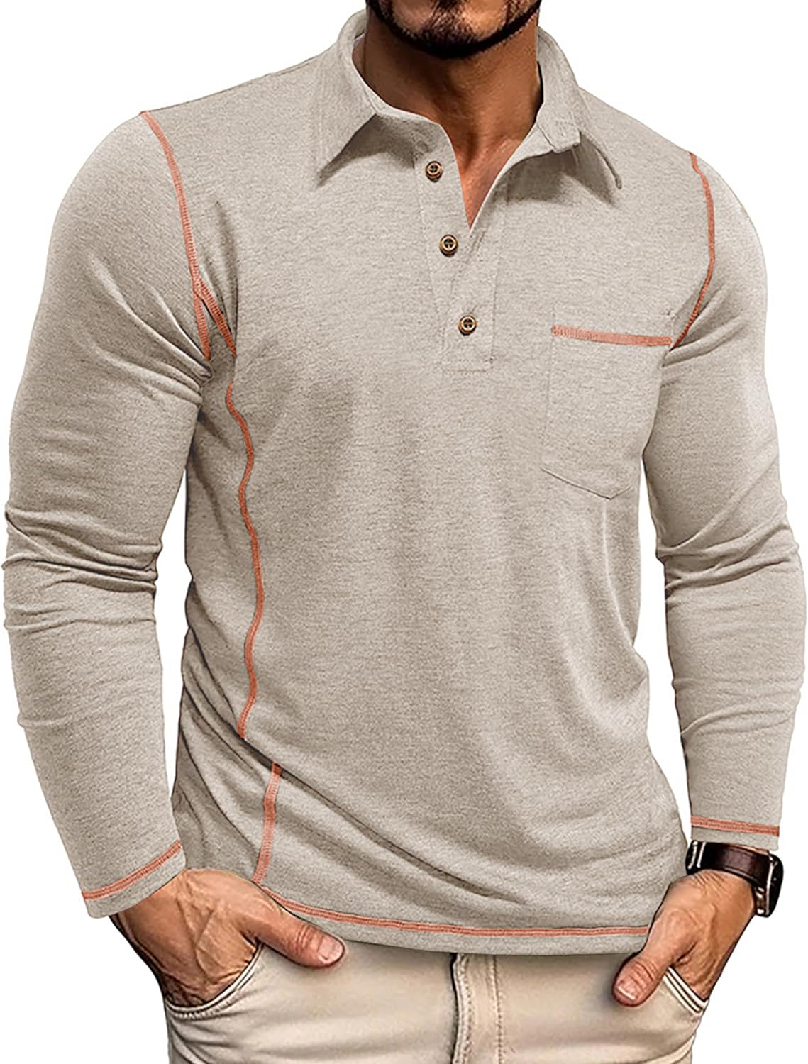 Mens Long Sleeve Polo Shirt Casual Collared Golf T-Shirt Classic Button Lightweigt Pullover Shirts with Pocket