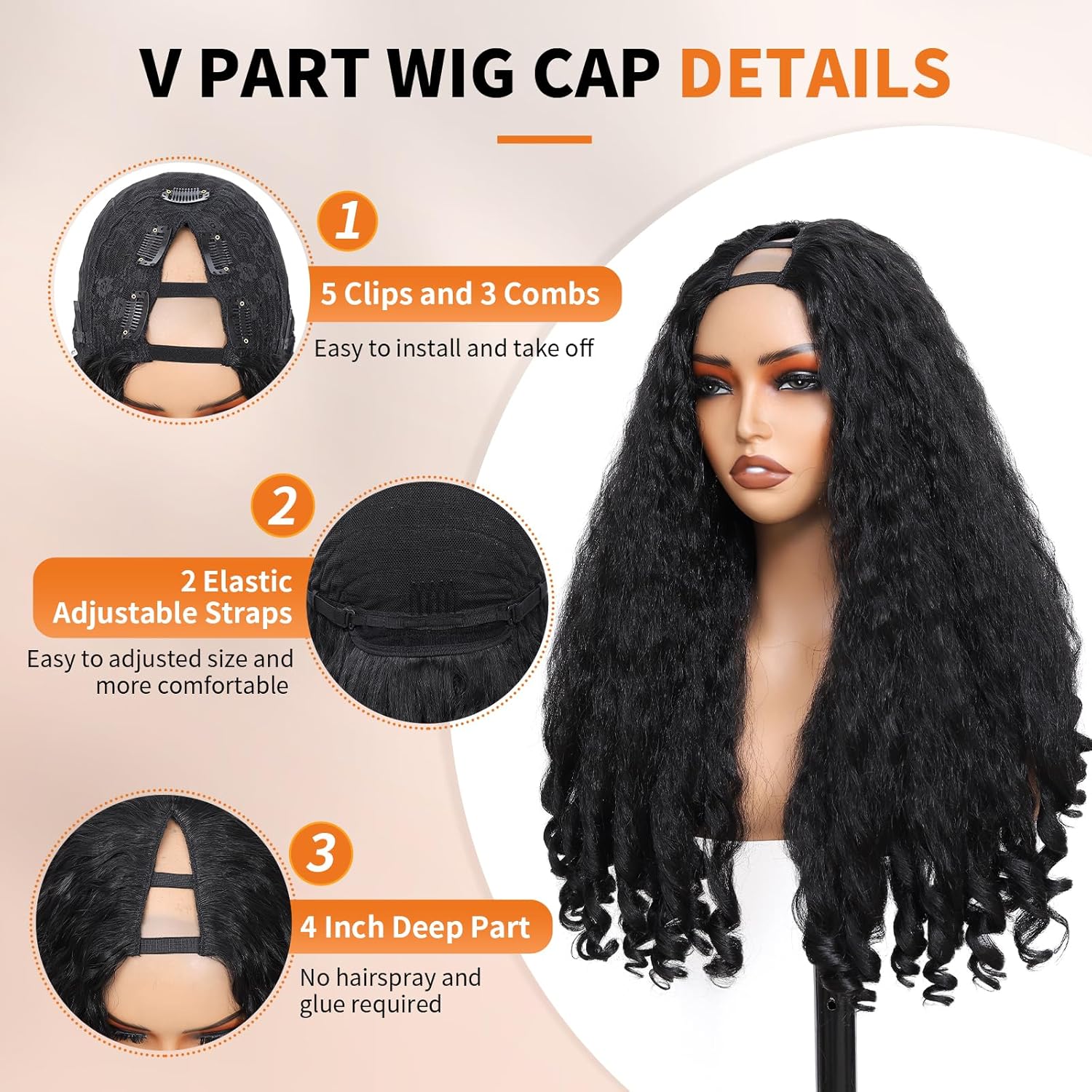Geogroket Afro Curly V Part Wig Kinky Curly Wigs for Black Women 180% Density Wear and Go Glueless Wig with Unique Bouncy Curls in the End Synthetic Black No Leave out Clip in 24 Inch(#1B)