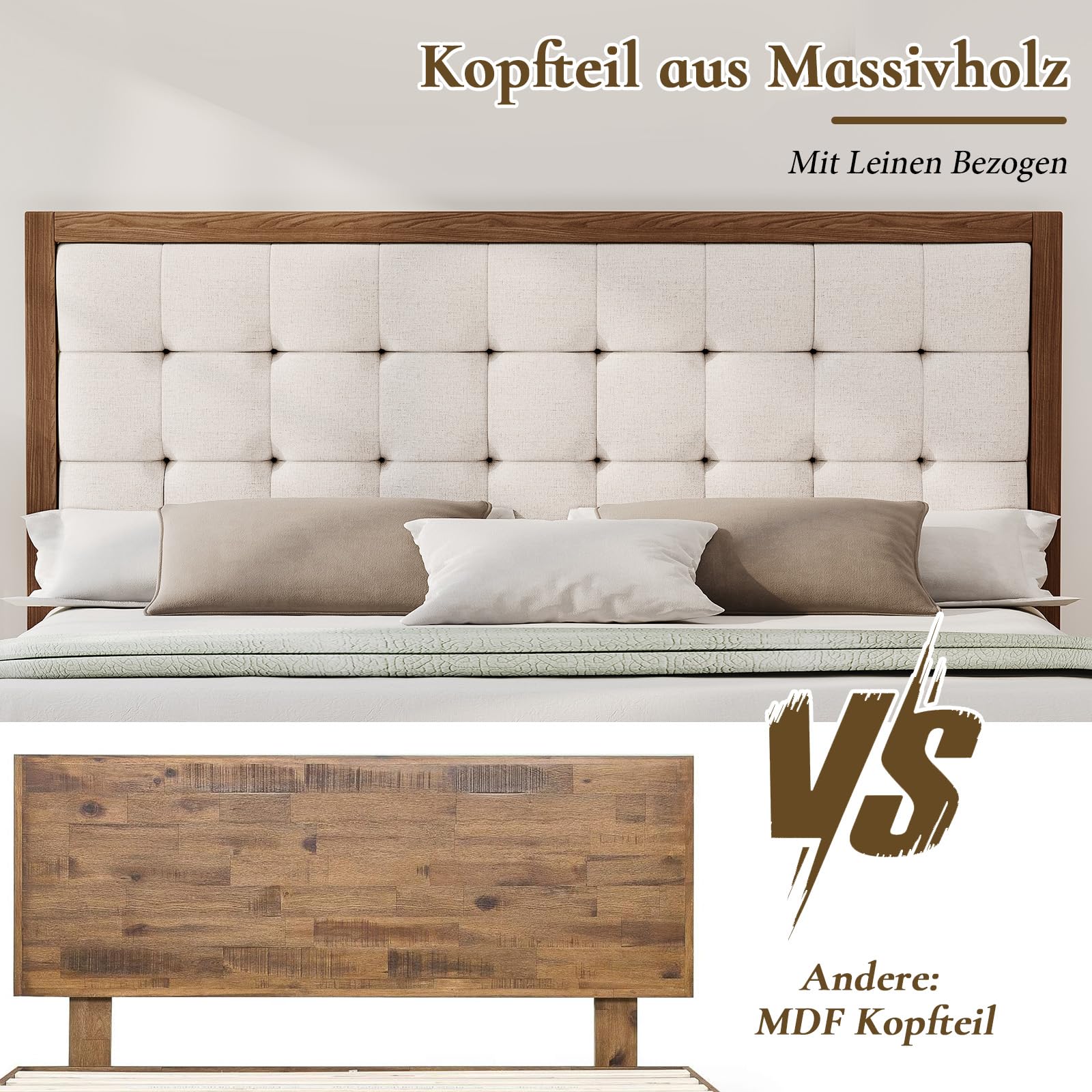 LUXOAK Massivholzbett 140x200 cm aus Kiefernholz mit 124 cm hohem gepolstertem Kopfteil, stabiles Holzbett mit Lattenrost, modernes Doppelbett im Walnuss-Look aus Leinenstoff, ohne Matratze