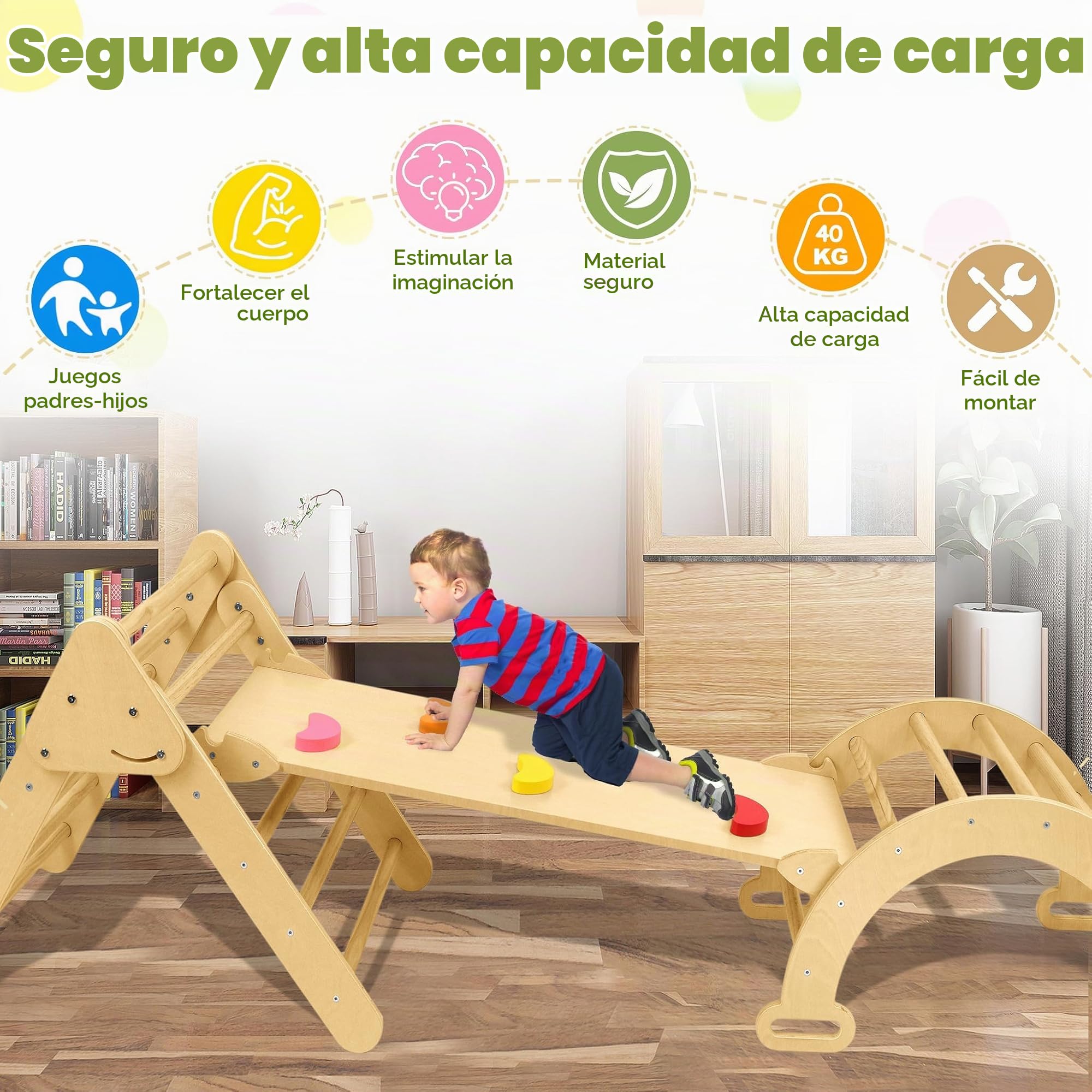 UISEBRT Juego de Estructura de Escalada 3 en 1 para niños, triángulo de Escalada con tobogán, Arco de Escalada y Escalera, Parque Infantil de Madera para Interiores y Exteriores, para