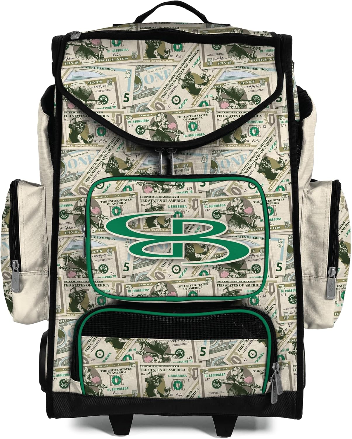 Boombah Ultrapack Hybrid Rolling Bat Bag - Wheeled & Backpack Version - Moneyball Cream/Kelly Green/Dark Green