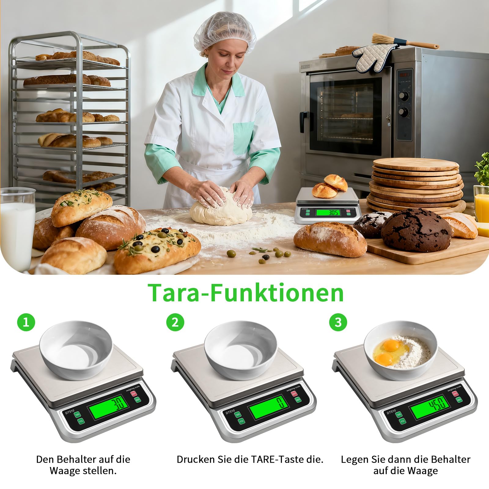 Küchenwaage Digital, 40KG Küchenwaage mit PCS zählen und Tara Funktion Küchen waage mit 6 Maßeinheiten g/kg/lb/oz/ml/milk-ml und LCD Display Edelstahl Wiegefläche zum Backen und Kochen Silber