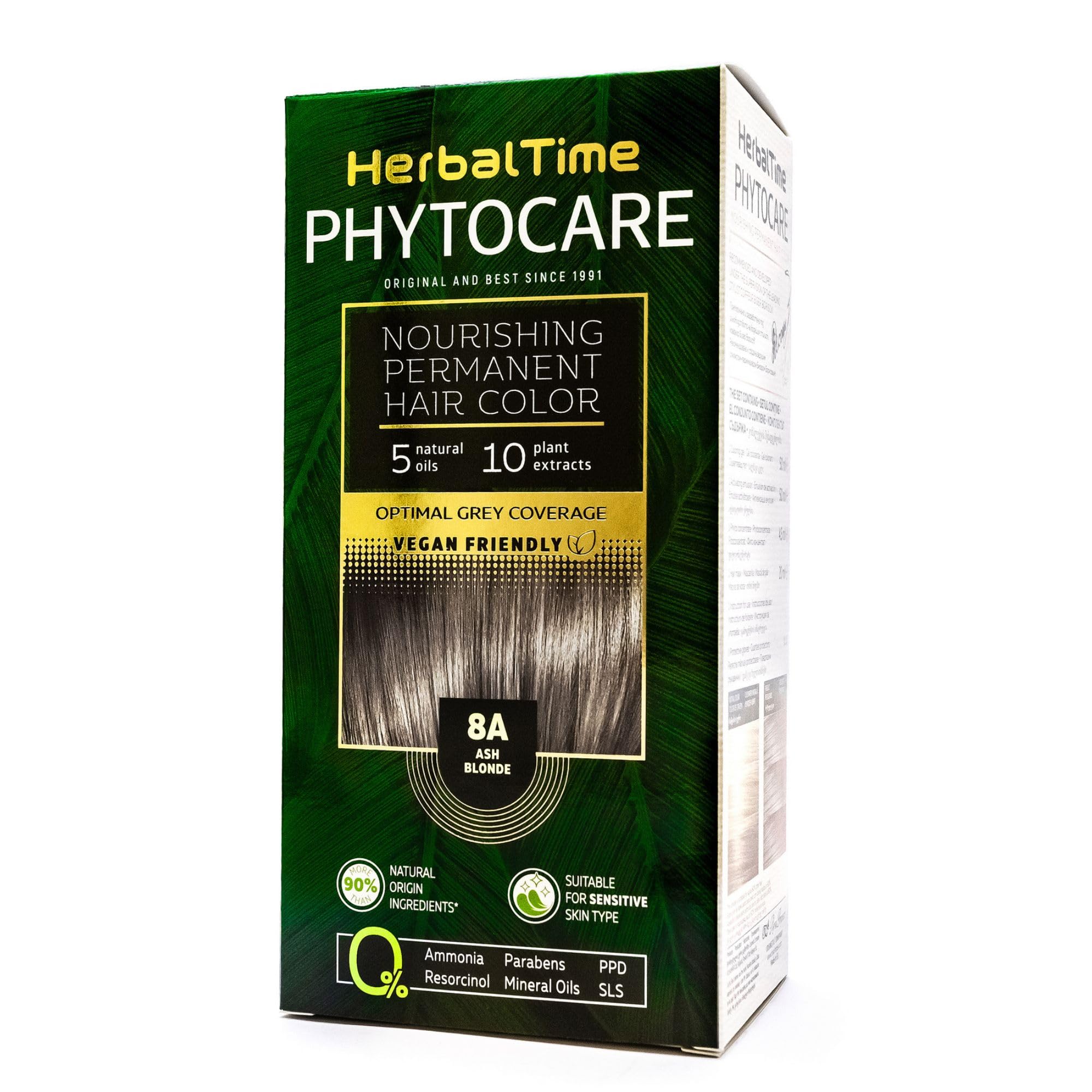 Herbal Time Phytocare Tinte Permanente para el Cabello Color Rubio Ceniza 8A | Kit Tinte Natural Pelo Profesional | Nutre y Protege Tu Cabello | Sin Amoníaco, PPD y SLS | 124.5 ml