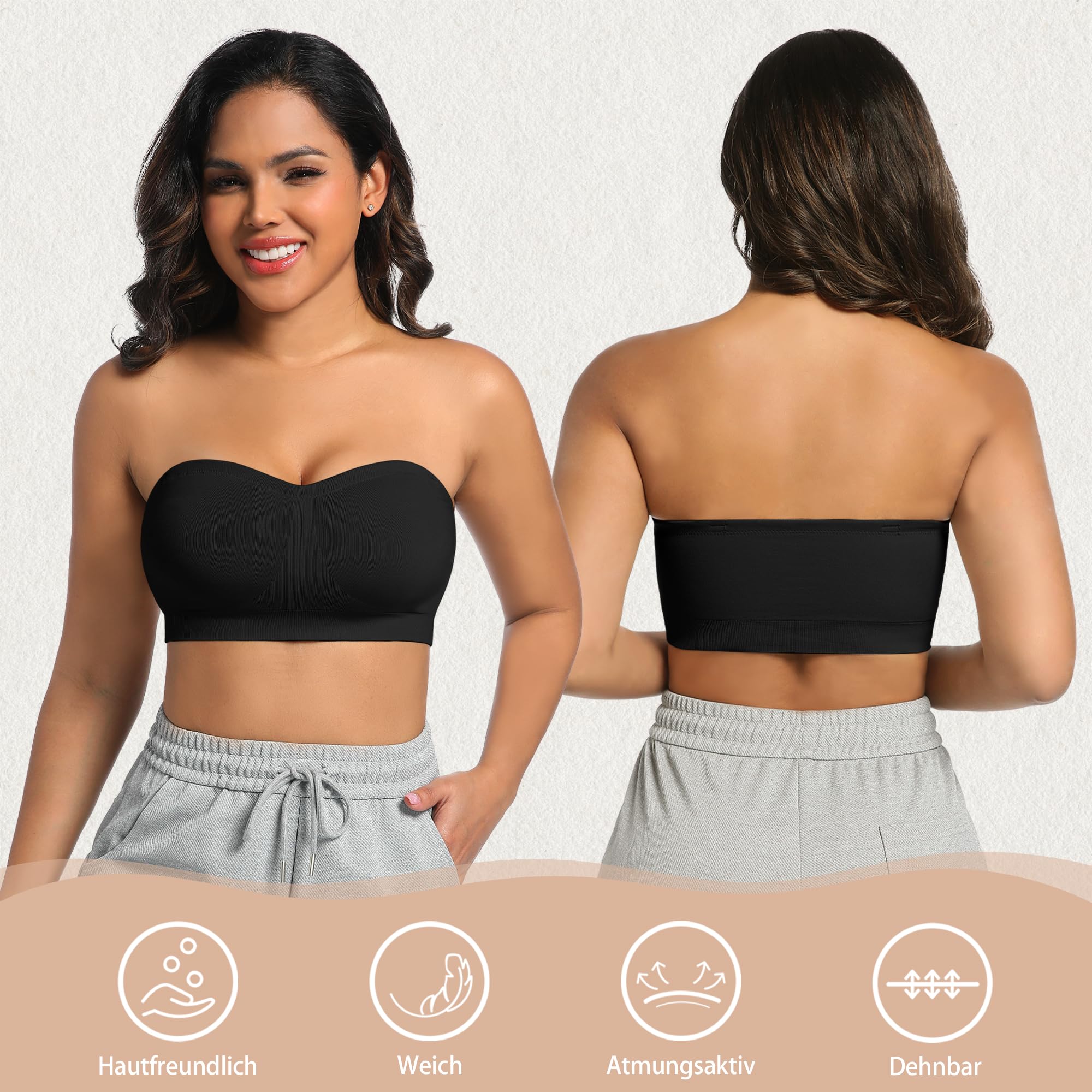 ONEW Nahtlos Bandeau BH Damen Trägerloser Bustier Top ohne Bügel Schulterfrei Bra Tube Top mit Transparenten Trägern