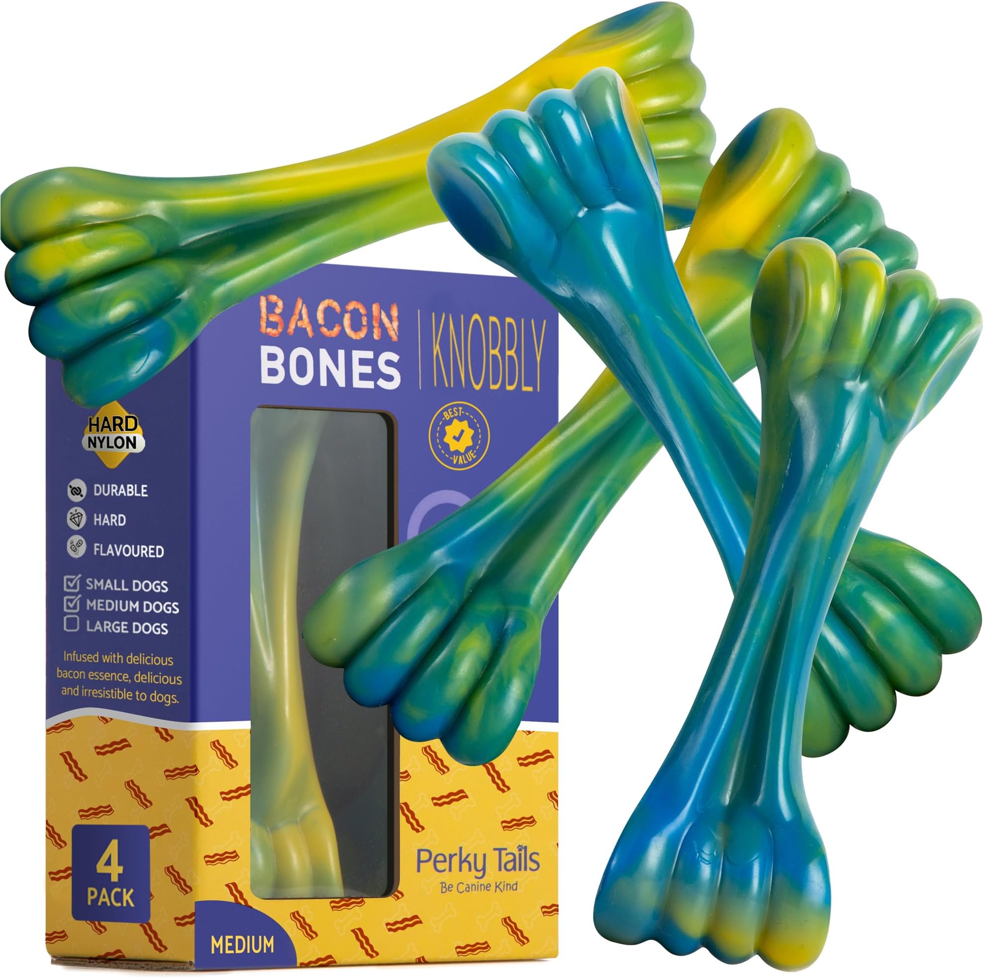 Almost Indestructible Dog Toys for Medium Dogs – Plastic Dog Toys for Aggressive Chewers, Safer Than Rubber – Delicious Bacon Flavour