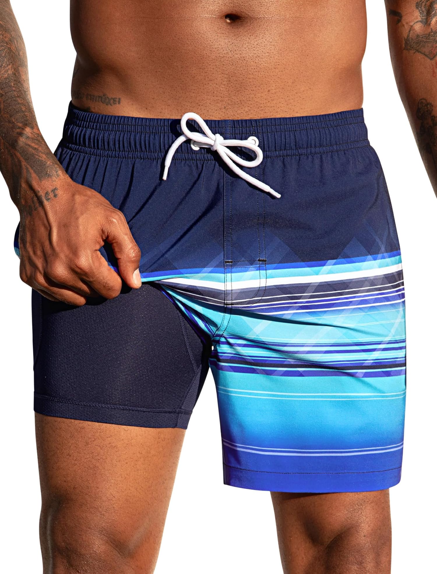 SILKWORLD Mens Swim Trunks with Compression Liner 2 in 1 Quick Dry Bathing Suit Beach Shorts with Zipper Pockets