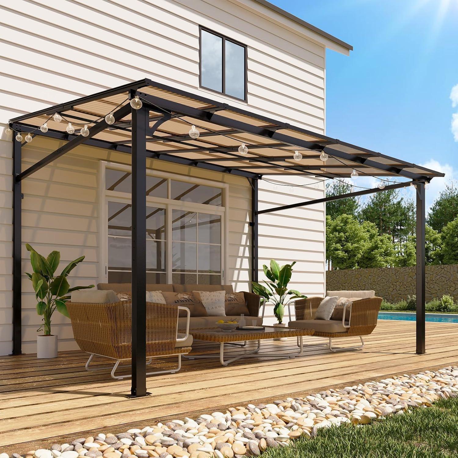 10x12ft Lean to Metal Pergola Gazebo with Hardtop Polycarbonate Roof, Wall Mounted Outdoor Pergolas for Patios, Aluminum Frame Shade Shelter for Deck, Yard, Party, or Garden