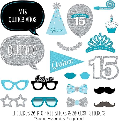 Miniatura 2 de Big Dot of Happiness Quinceanera Teal - Kit de accesorios para cabina de fotos para fiesta de cumpleaños de 15 años, 20 unidades