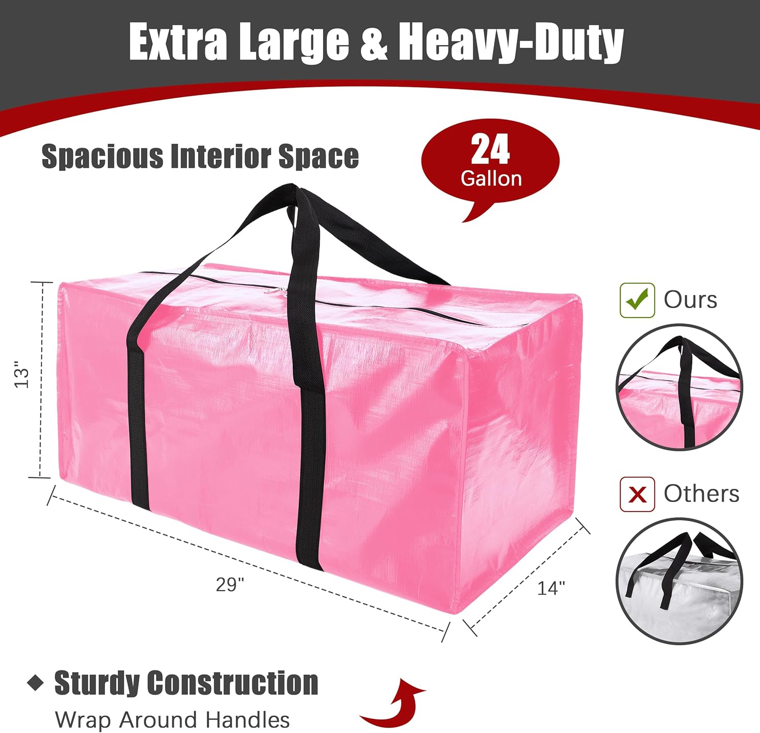 8 Pack Extra Large Moving Bags with Zippers & Carrying Handles, Heavy-Duty Storage Tote for Space Saving Moving Storage, Fold Flat, Alternative to Box and Bin,Pink - Image 2
