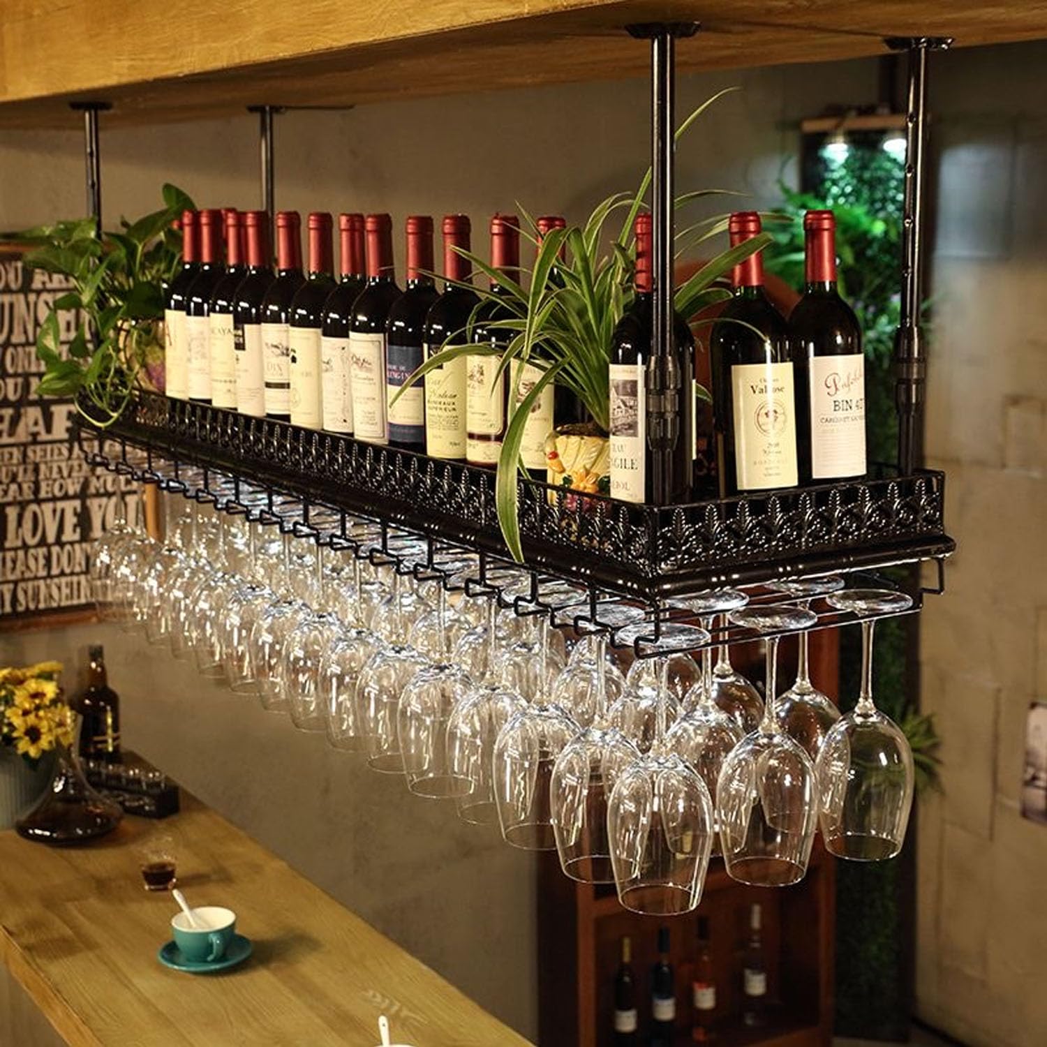 ZHHR Hanging Wine Rack - Hanging Wine Rack with Glass Holder and Shelf, Height Adjustable Industrial Hanging Wine Bottle Holder, Metal Ceiling Glass Rack for Bar Cafe Kitchen (Black, 100 X 35 CM)