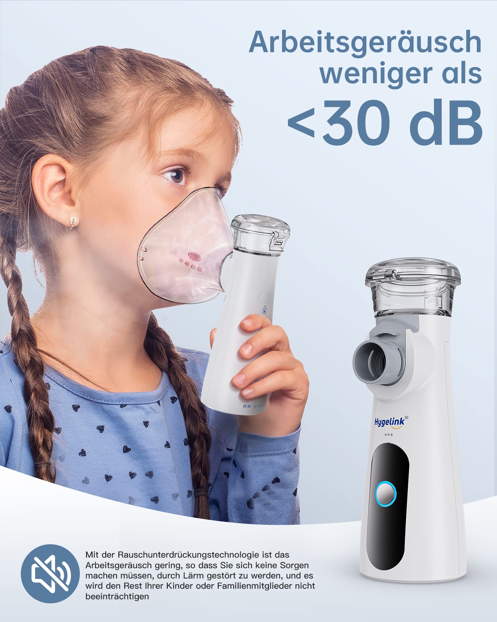 Hygelink Inhalationsgerät Vernebler, Inhalator Set für Kinder und Erwachsene, Tragbar Inhaliergeräte für Atemwegserkrankungen, 2H Lange Laufzeit, 30dB Leise, mit Mundstück und 2 Maske