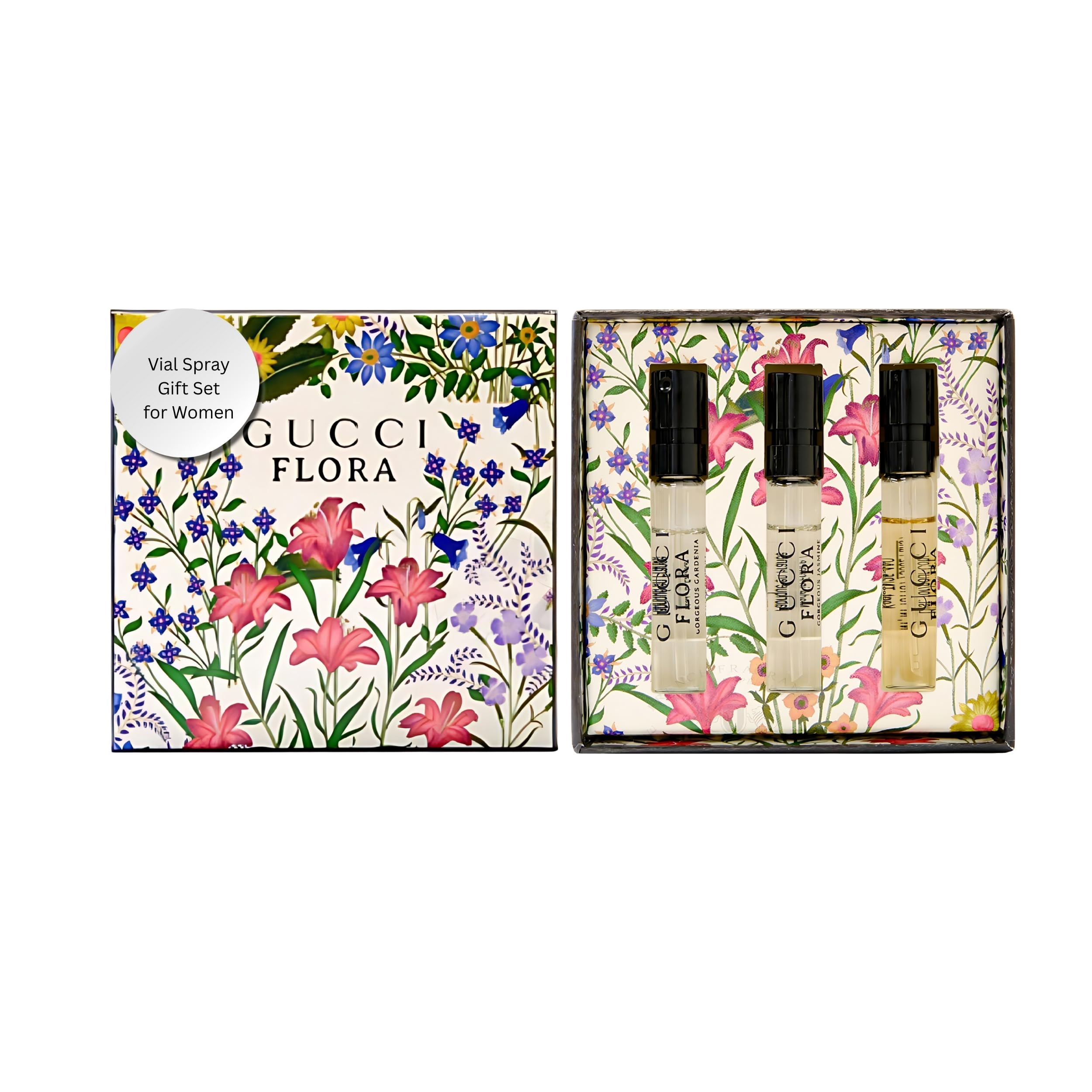 Gucci Flora Perfume Gift Set for Women Mini Fragrance Travel Spray Gift Sampler, EDP Luxury Fragrance Vials (3 x 0.05 fl oz)