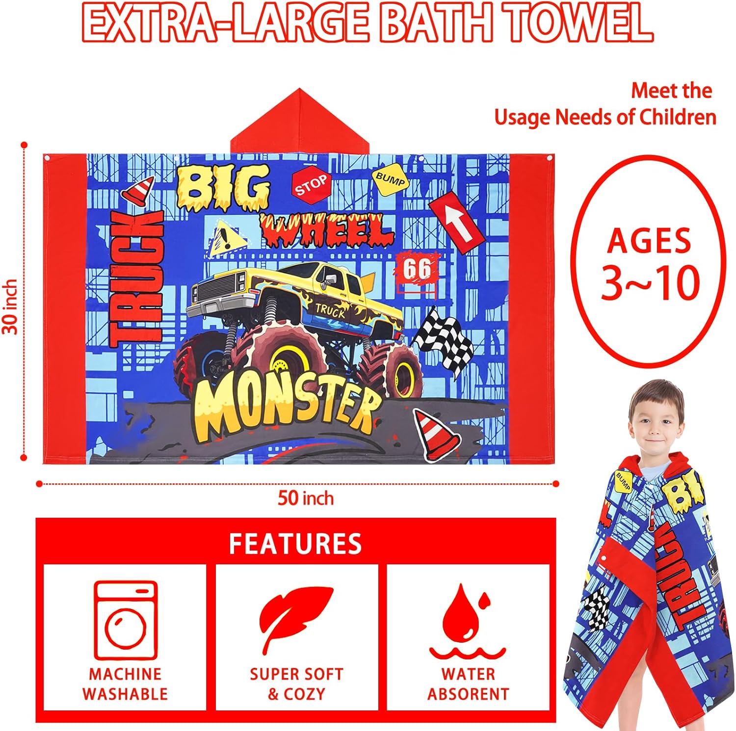 Hooded Beach Towels for Kids - Ultra Soft 100% Cotton Big Truck Toddler Hood Bath Towels/Pool Terry Towel Beach Poncho Wrap Absorbent Cute Bath & Swim Wrap Gift for Boys & Girls 3-10 Years - Blue - Image 3