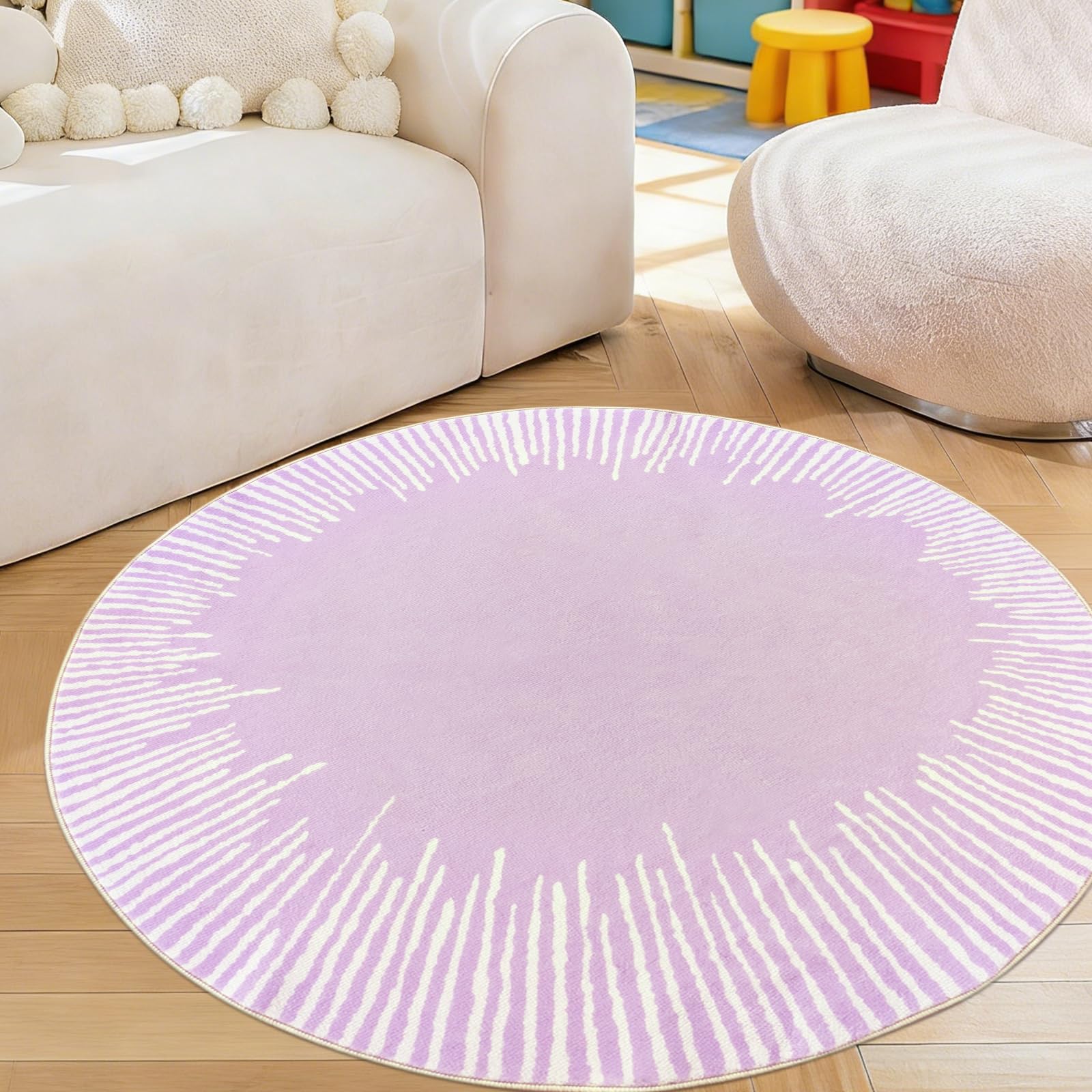 Kinderteppich, 122 cm, rund, modern, abstrakt, Cartoon-Sonnenschein Teppich, rutschfest, Schlafzimmer-Teppich für Kinderzimmer, Mädchenzimmer, Sonne, Bodenmatte, Überwurfteppich für