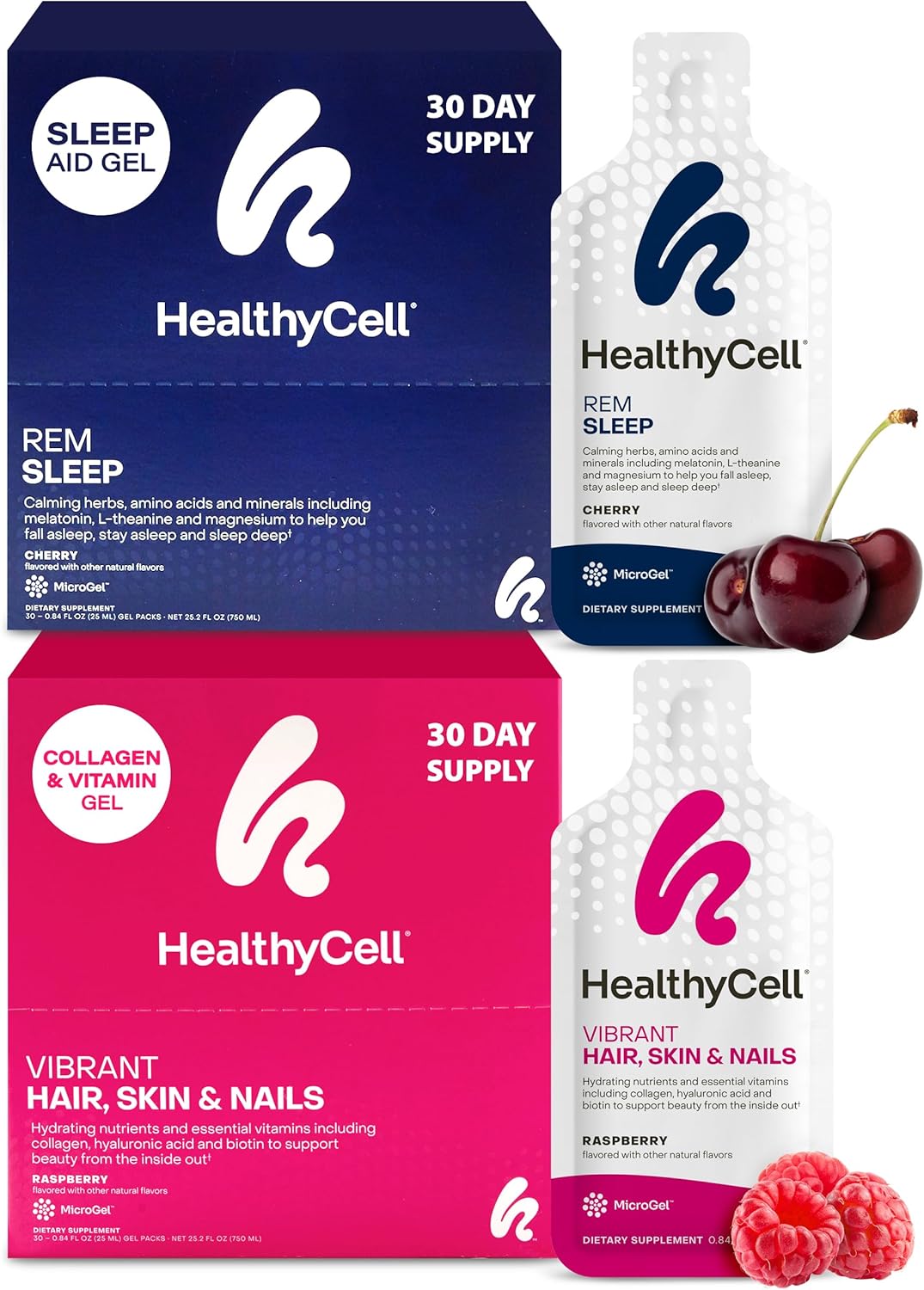 Healthycell REM Sleep Aid Supplement + Vibrant Hair, Skin & Nails Liquid Collagen Supplement for Women & Men Bundle