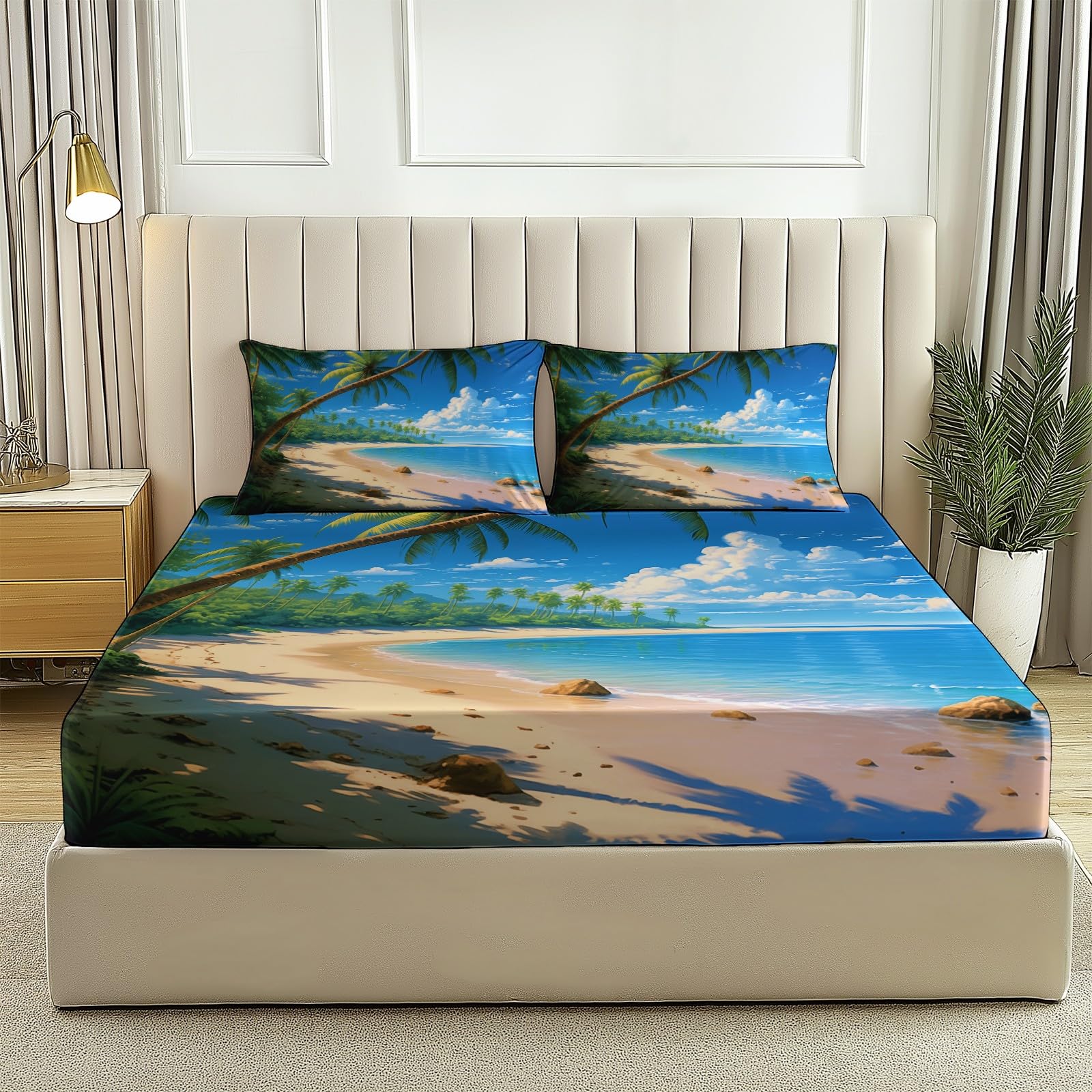 Completo letto Matrimoniale con lenzuolo sopra morbido e confortevole (160x190x30 cm) e 2 federa, motivo Spiaggia Palme Palme Da Cocco, in microfibra spazzolata 100%, senza rughe e anallergico, Blu