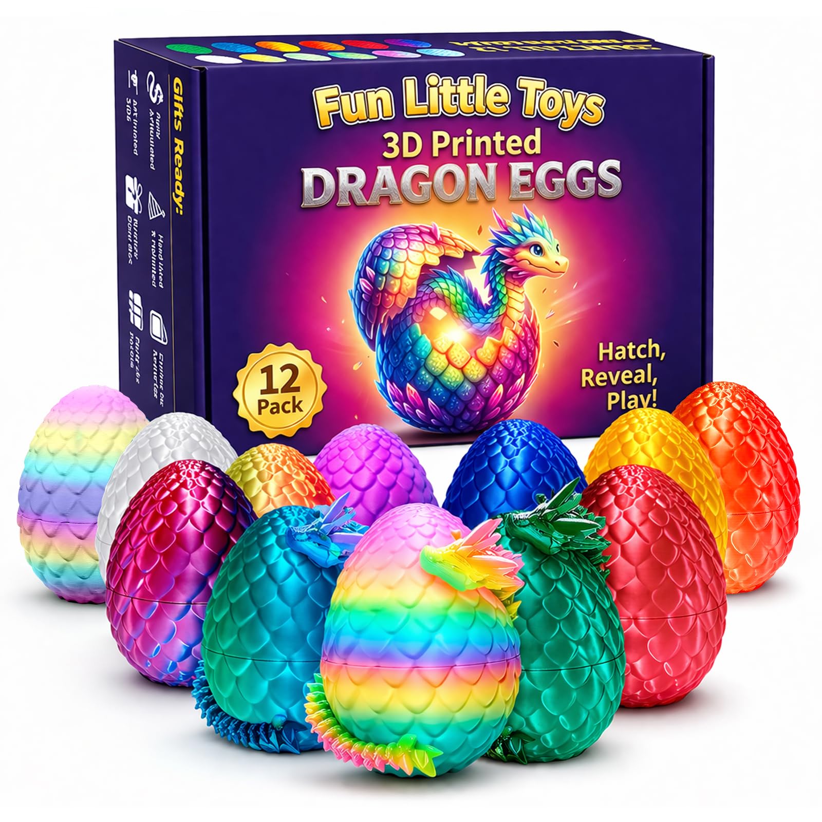 Photo 1 of 12 Pack 3D Printed Dragon Toys, Flexible Articulated Fidget Dragons in Surprise Eggs, Collectible Desk Toys, Party Favors & Classroom Prizes for Kids