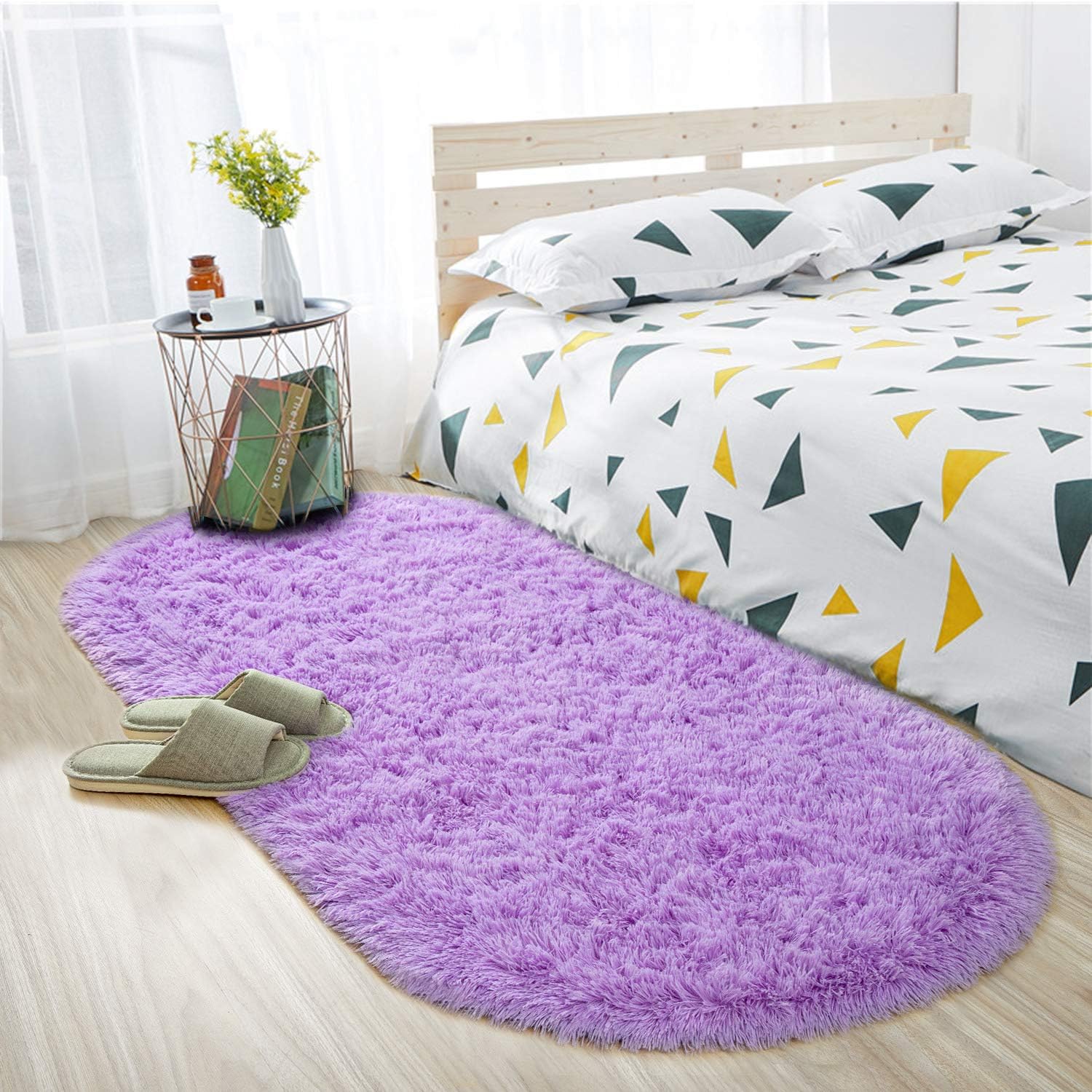 ISEAU Oval Fluffy Rug Carpets, Modern Plush Shaggy Area Rug for Kids Bedroom Extra Comfy Cute Nursery Mat Bedside Mats for Boys Girls Room Home Decor, 2.6 x 5.3ft, Purple