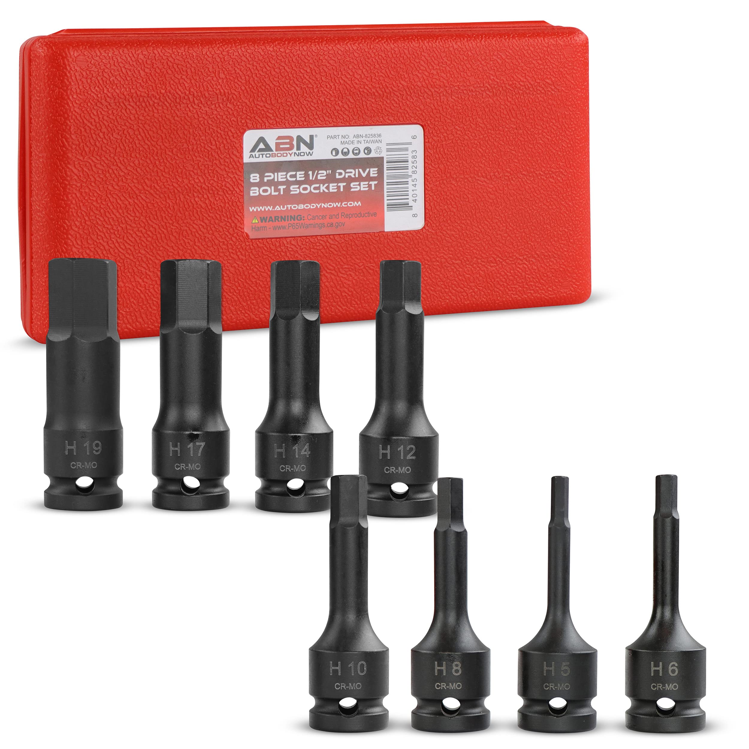 ABN 1/2 Inch Drive Engine Head Bolt Socket Set - 8 Piece H Type Metric Mechanic Tool Set