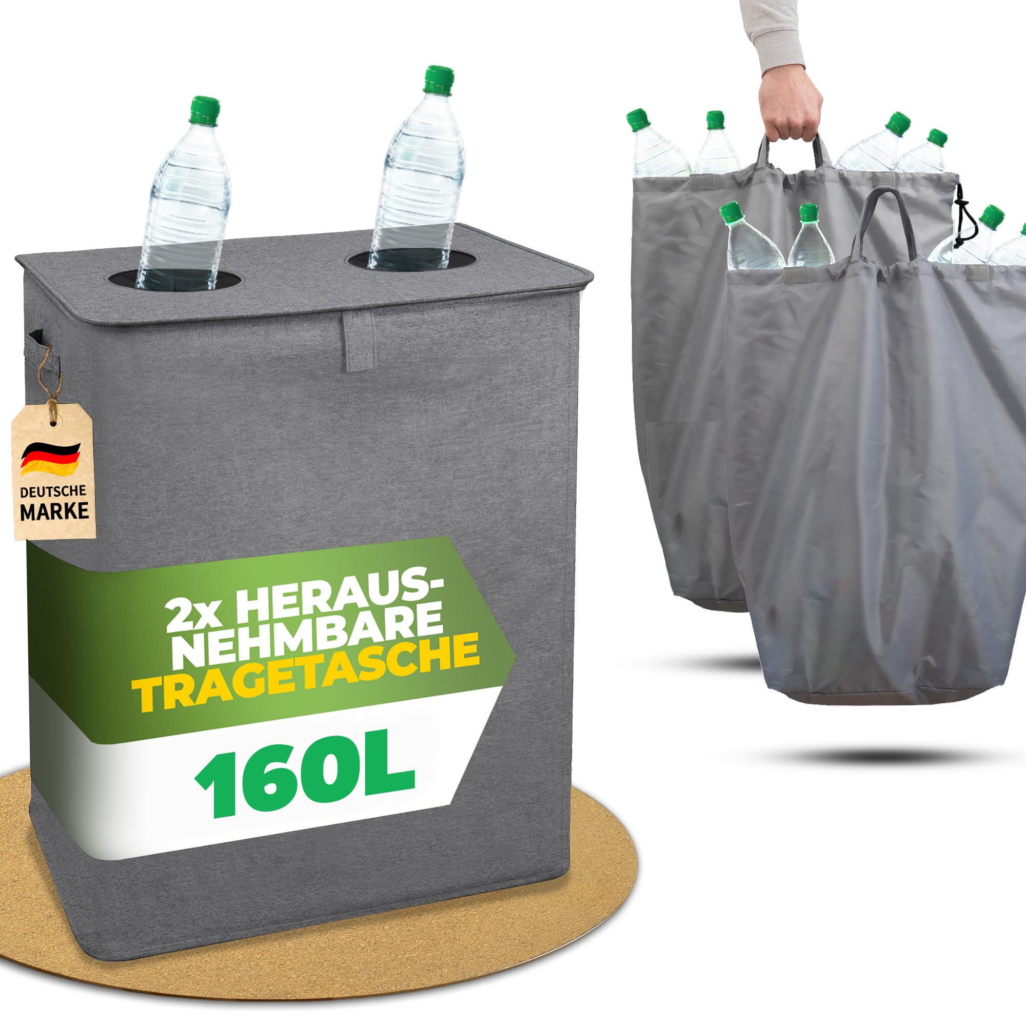 COTTARA® Botellas de depósito con 2 compartimentos, recipiente para depósito con ranura y 2 bolsas de transporte, ideal para botellas de depósito, para cocina, color gris