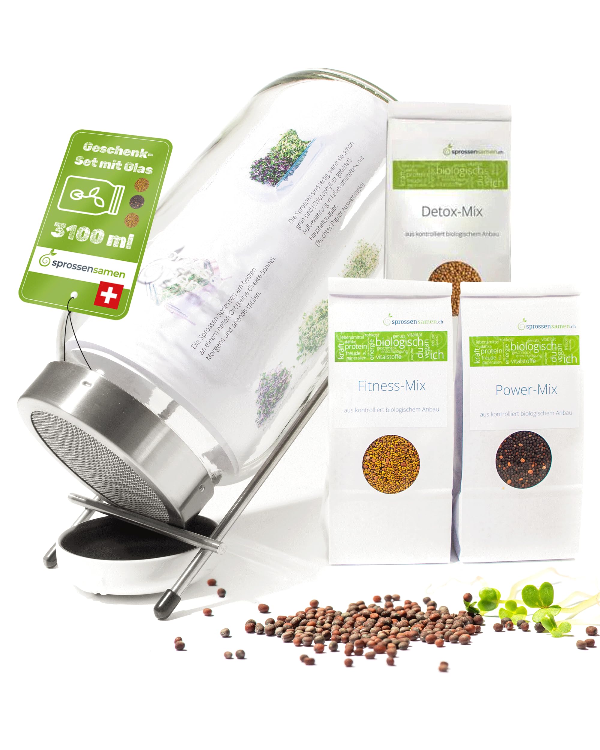 Sprossenglas Set 3100ml mit Geschenkset - Bio Fitness-Mix & Power-Mix & Detox-Mix je 75g - Keimglas für Sprossen - inkl. Sprossenglas Deckel, Ständer & Sieb