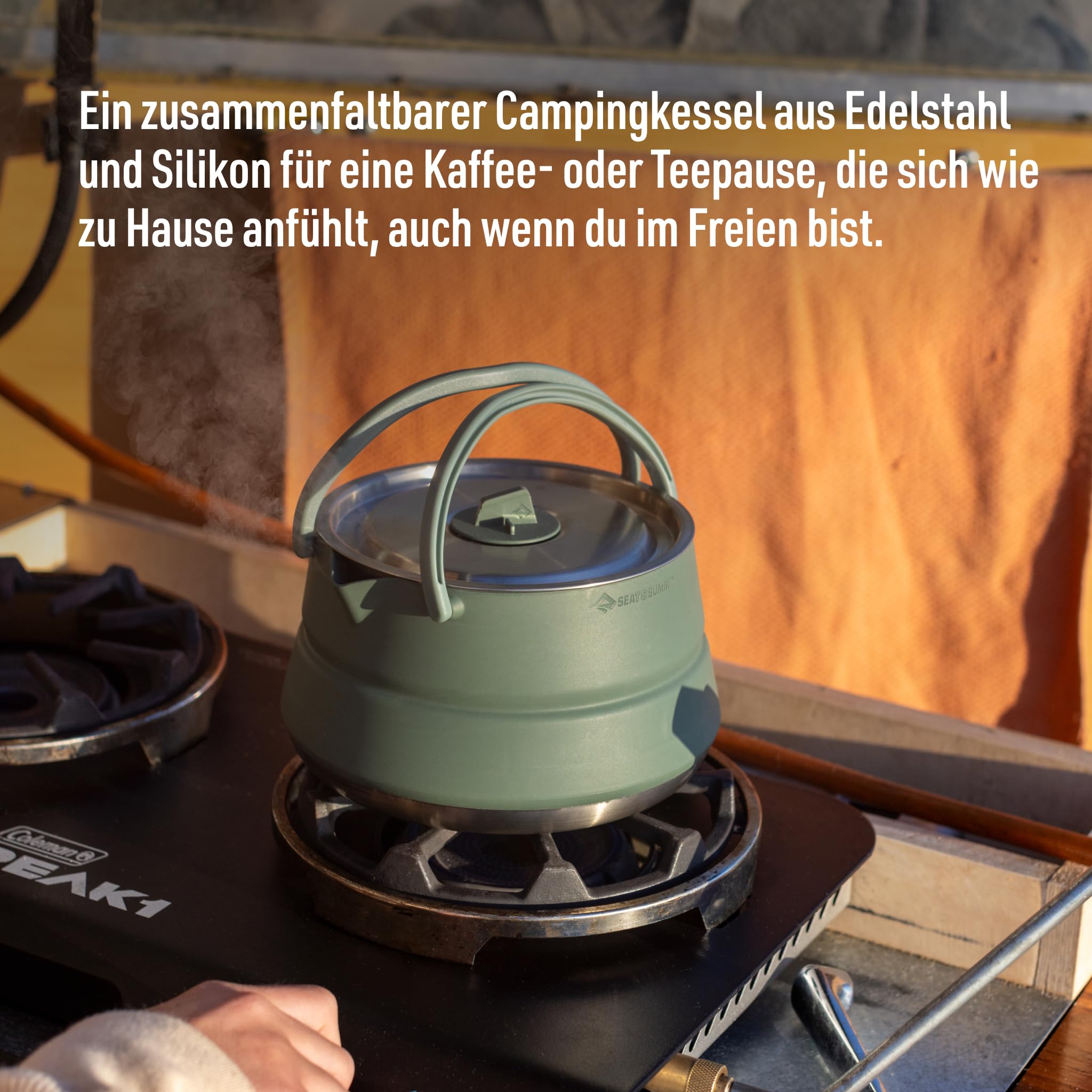 Sea to Summit - Detour Kettle 1,6L - Zusammenfaltbarer Campingkessel - 2 Personen - Platzsparender Wasserkocher mit Griff - BPA-frei - Camping-Kochgeschirr aus Edelstahl & Silikon - 436 g