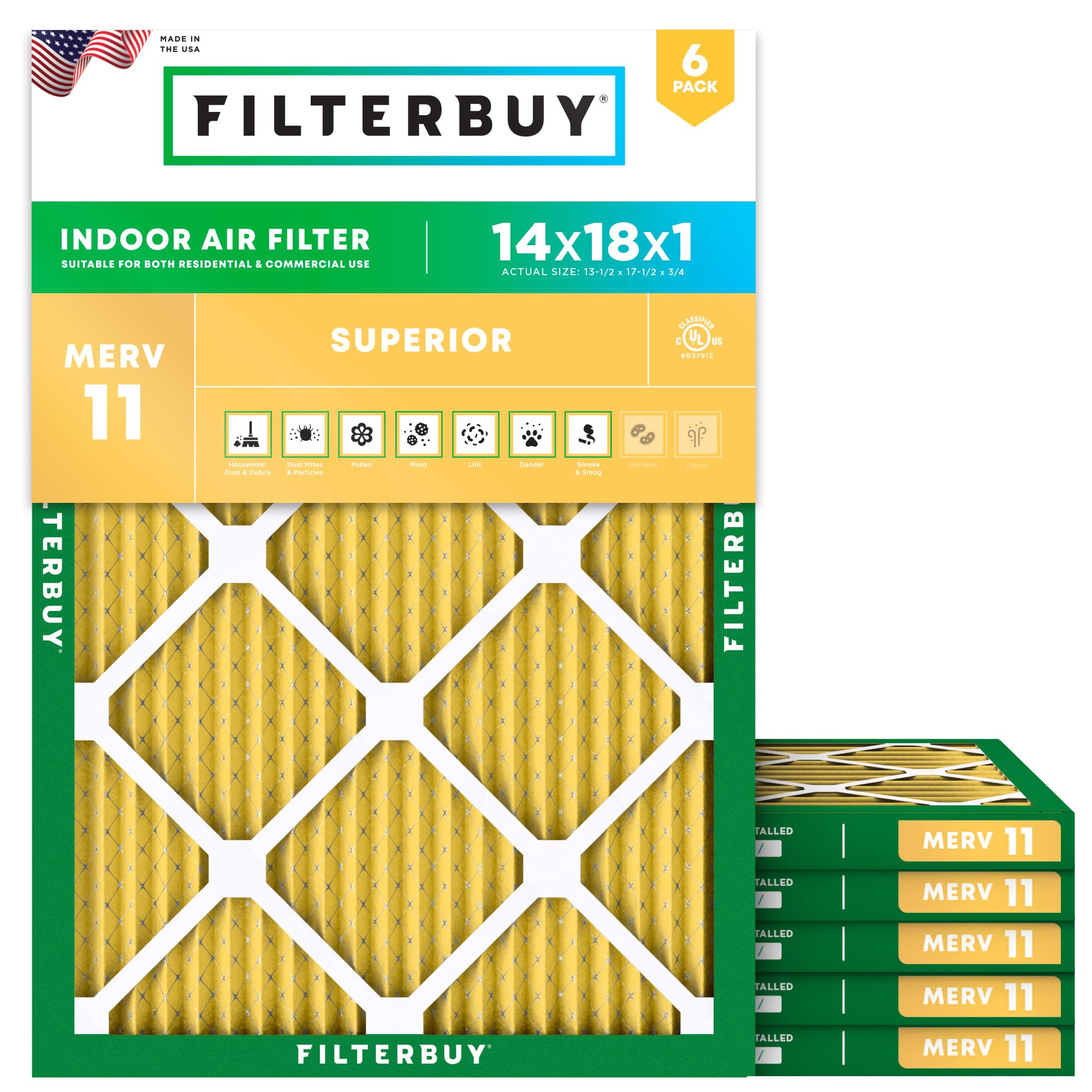 Filterbuy 14x18x1 Air Filter MERV 11 Pet &amp; Allergy Defense (6-Pack)