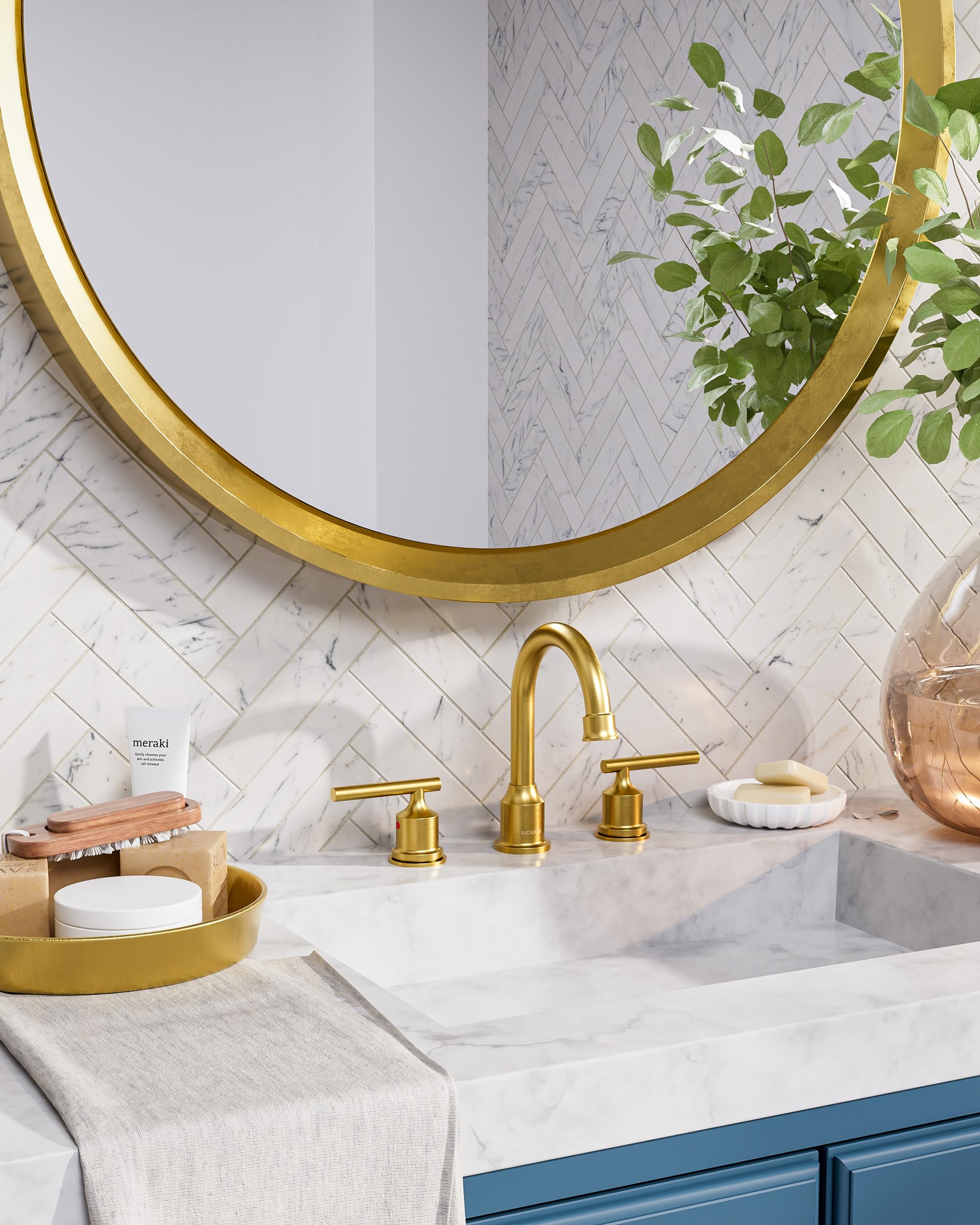 WOWOW Gold Bathroom Faucet 3 Hole Bathroom Sink Faucet Widespread Vanity Faucet 2 Handle Brass Basin Faucet with — view 4