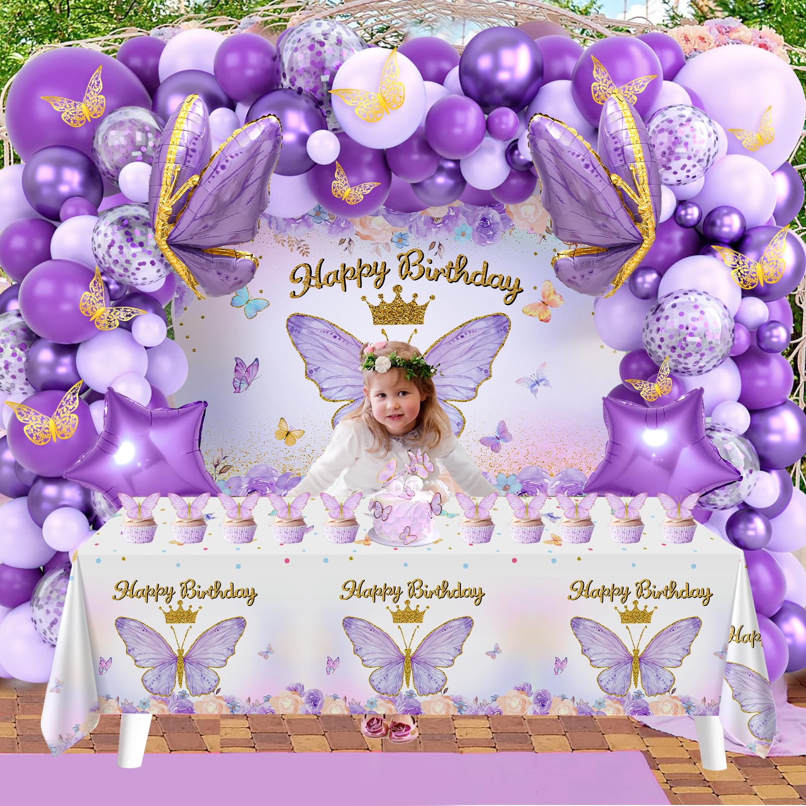 Decorazione Compleanno Farfalle Viola | Kit Festa Con Striscione Happy Birthday E Palline A Nido D'ape | Per Donne E Ragazze