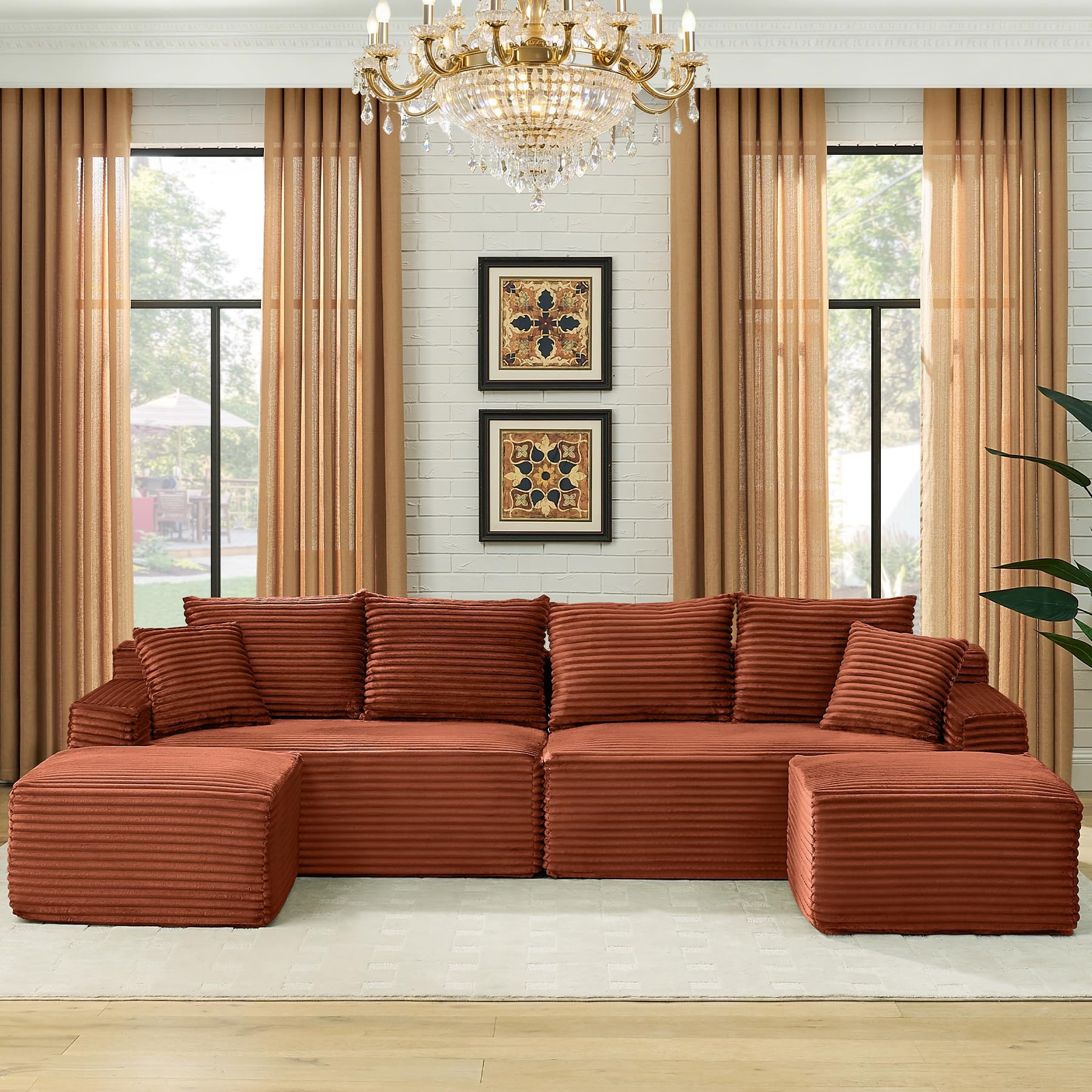U Shaped Cloud Couch Sectional, 115" Comfy Fluffy Plush Corduroy Boneless Sectional Couches for Living Room, Modern Modular Sectionals Sofa with Ottomans & Memory Foam, Orange