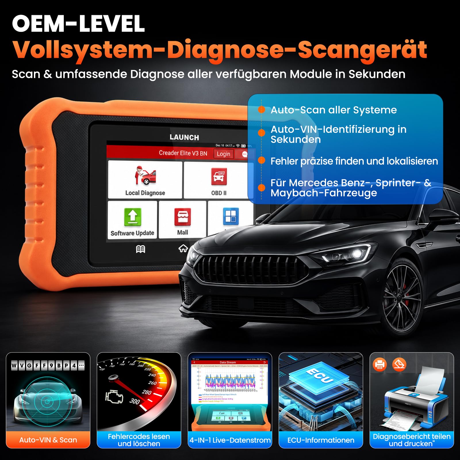 LAUNCH Creader Elite 3.0 OBD2 Diagnosegerät für Benz/für Maybach/für Sprinter die gleiche Funktion wie LAUNCH X431 diagnosegerät, 50+ Reset-Funktion,aktiver Test,ECU-Codierung