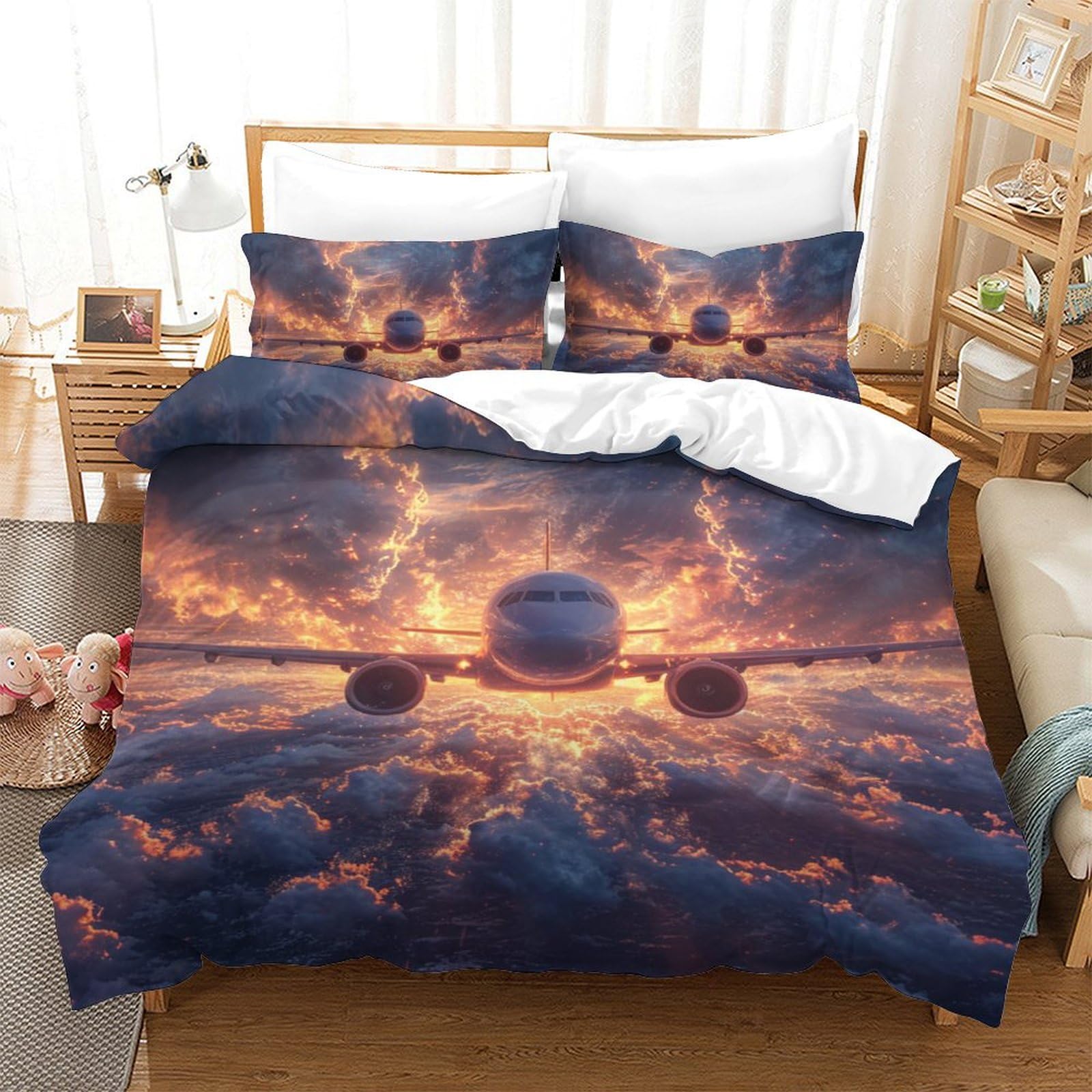 Housse de couette avion 3D en microfibre 200x200 cm avec 2 taies d'oreiller
