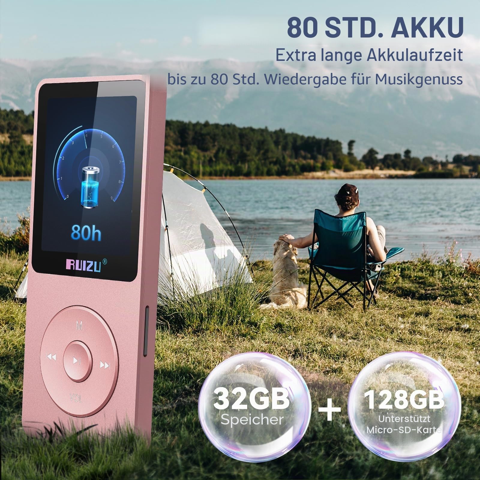 RUIZU 32GB MP3 Player with Bluetooth 5.3, 1.8" Screen Portable Music Player, FM Radio, Voice Recording,80H Digital Audio Video Playback,Support 128GB，Rosagold