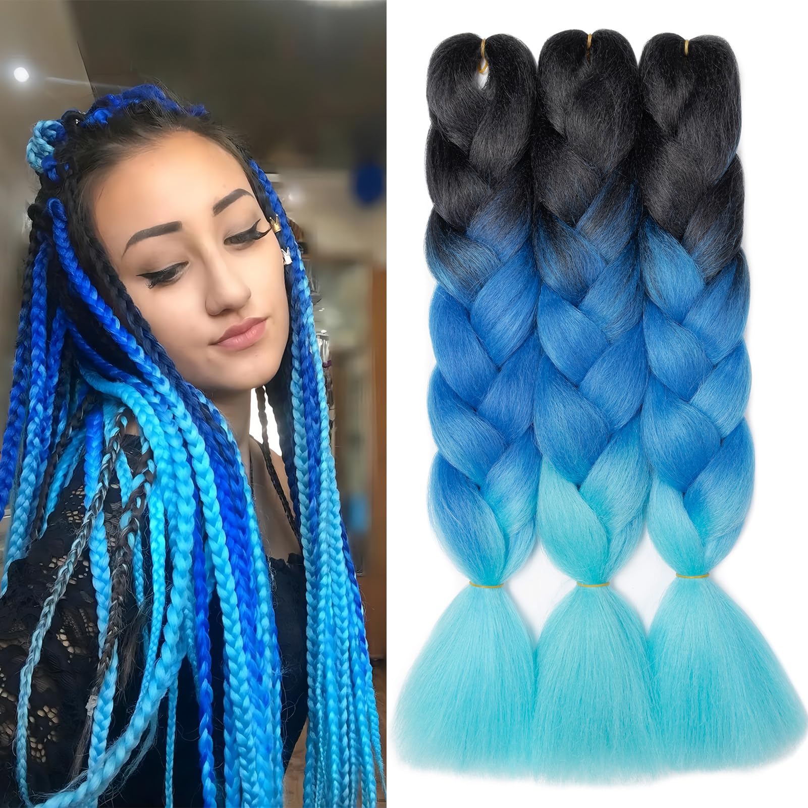 Dcbaboo Jumbo Braiding Hair Extensions 3packs 24inch Hair Extensions for Braiding Synthetic Hair Kanekalon Ombre Braids Hair Extensions Afro Crochet Braids Twist Hair 300g, Black-Royal Blue-Sky blue