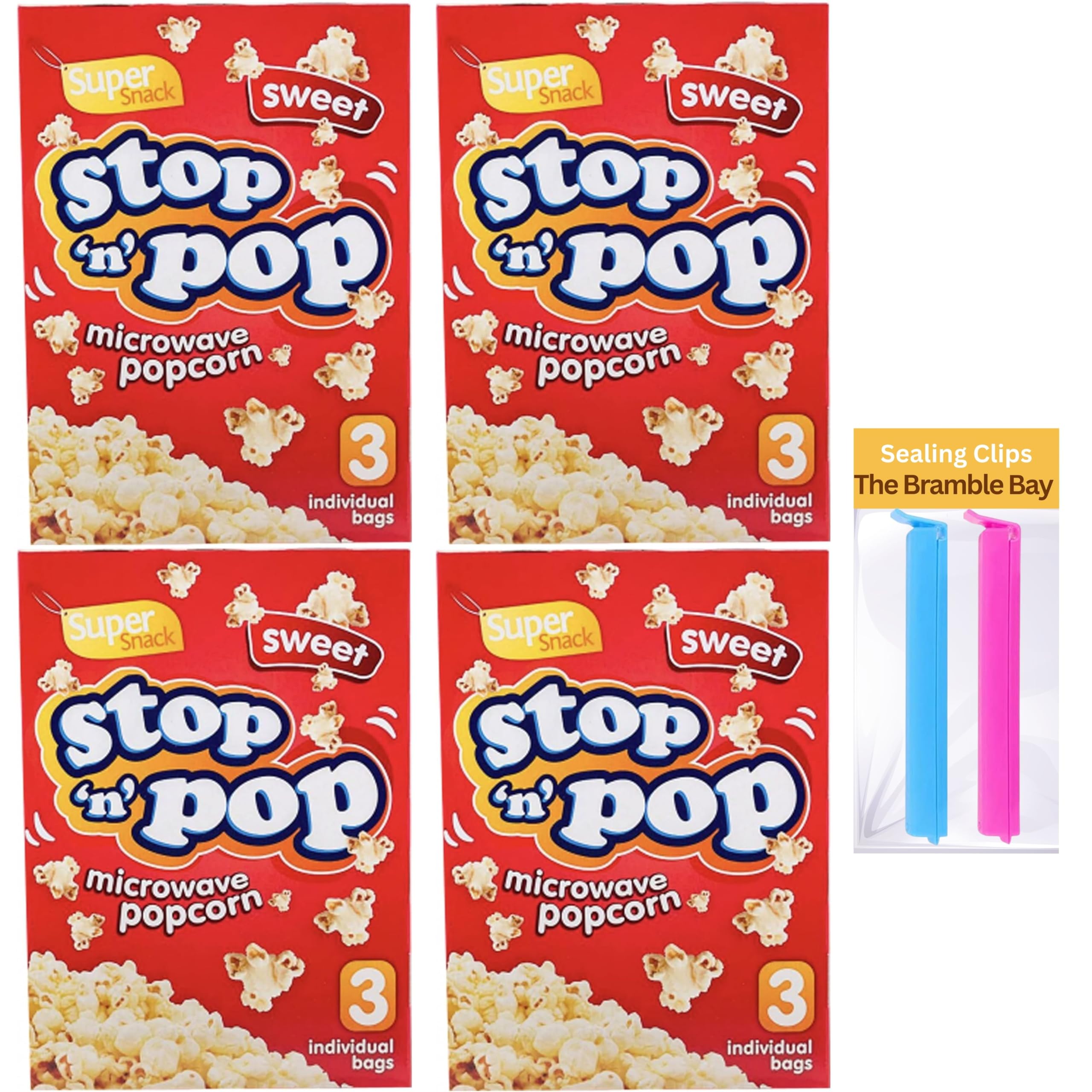 Microwave Popcorn bundle contains Stop n Pop Sweet Flavour, Pack of 4 x 3s, Total of 12 Individual Bags, Sealing Clips x2