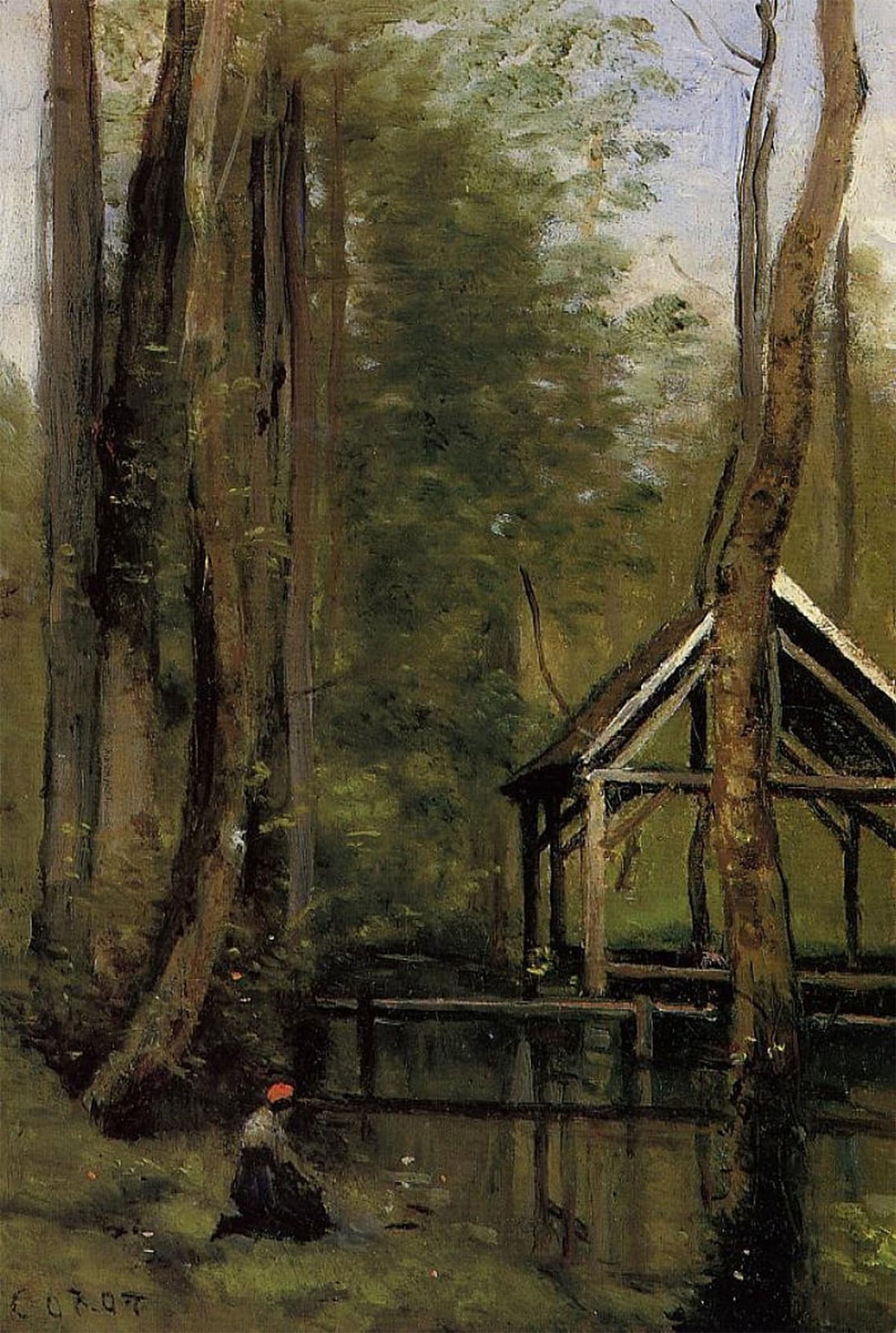 SERENDIPITP Abstract Painting Mural Print Picture Wall Decor Painting Fishing Shed at Mathois near Gournay en Bray by Jean Baptiste Camille Corot Vintage Wall Artwork for Home Decor 60x90cm