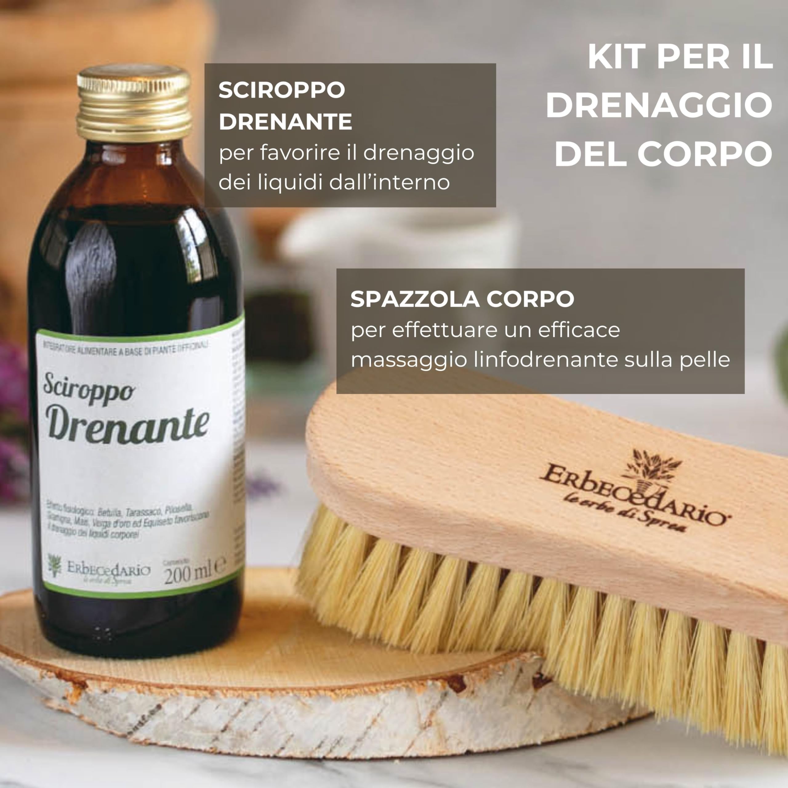 Spazzola Corpo per Spazzolatura a Secco, Setole Naturali Tampico Erbecedario, Legno di Faggio, Per Contrastare Inestetismi Cellulite e Ritenzione Idrica, Migliora la Circolazione, Azione Esfoliante