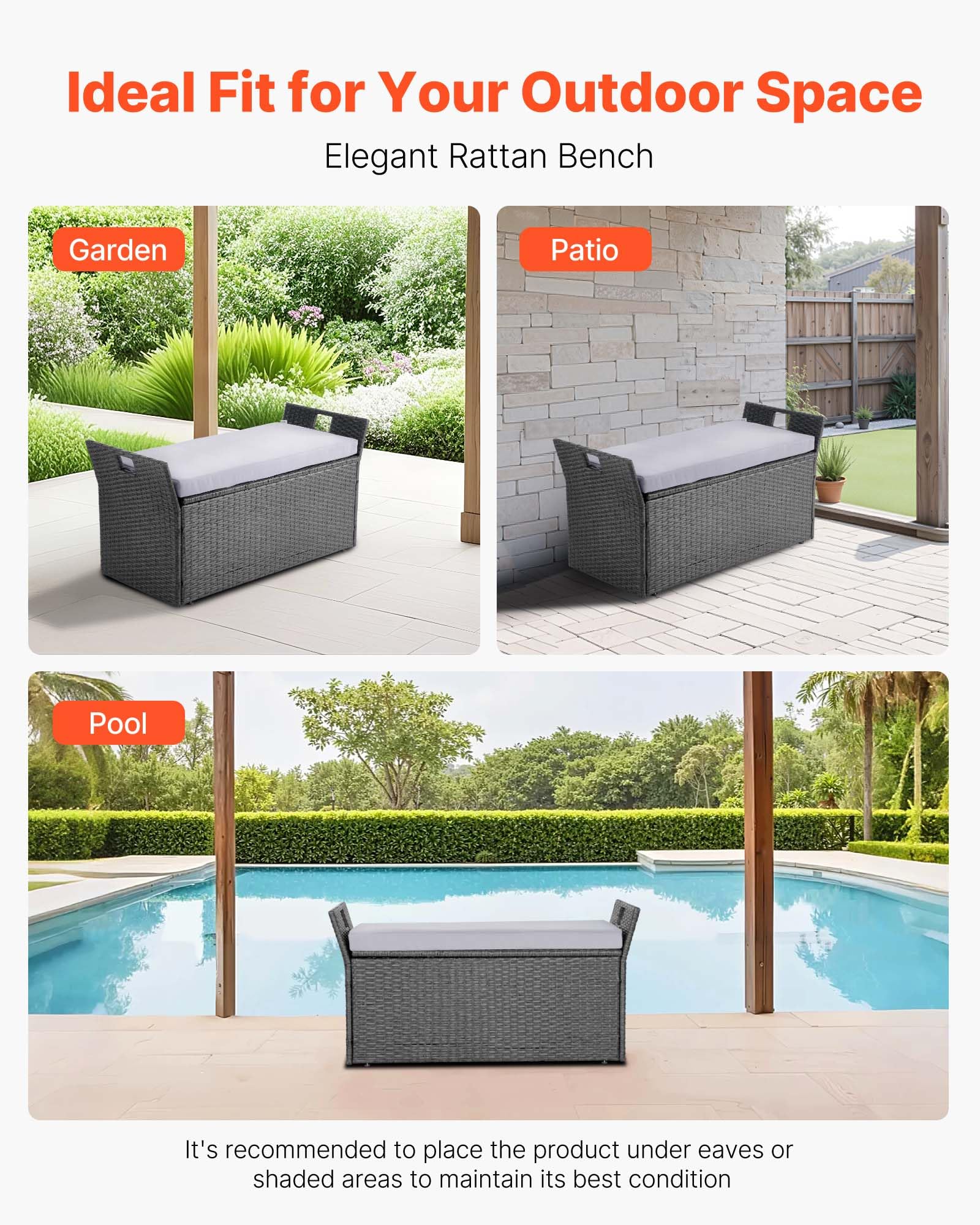 VEVOR Banc de Rangement Extérieur en Rotin Synthétique Coffre de Jardin 151 L Banc de Terrasse avec Coussin, Capacité de Charge 181,4 kg, Poignée Latérale, Siège d'Extérieur pour Patio, Jardin, Balcon