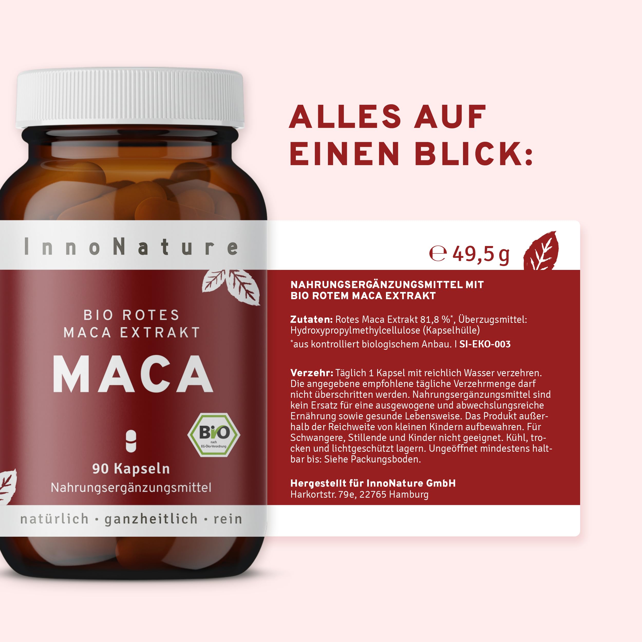 InnoNature Bio rotes Maca-Extrakt Kapseln | Rotes Maca aus rein natürlichen Inhaltsstoffen | 90 Kapseln, 450 mg Extrkt pro Kapsel | glutenfrei, vegan, ohne Zusätze